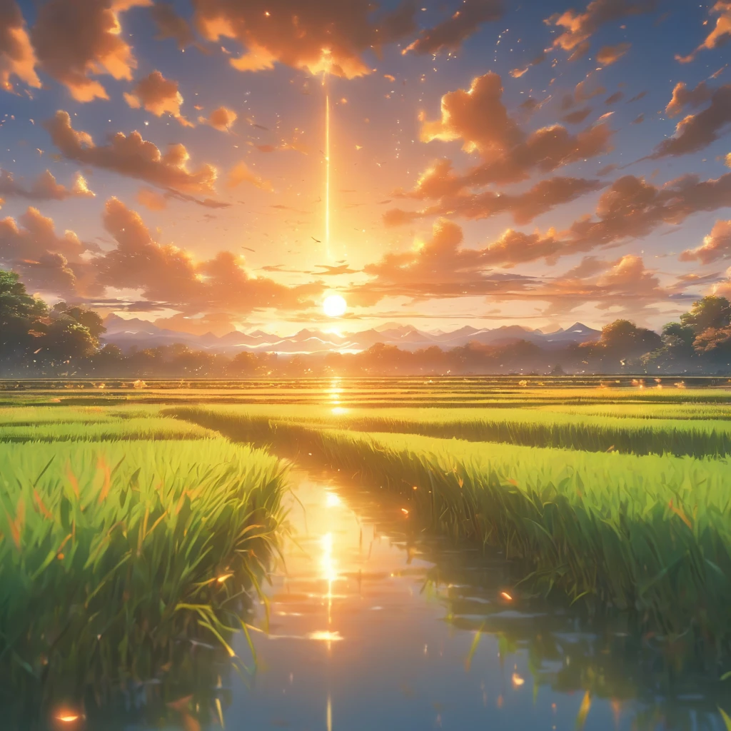 (breathtaking, realistic, vibrant colors, 8k),rice field with sunset, golden hour lighting, tall and lush green rice plants, shimmering reflection of the sky on the water, gentle breeze gently swaying the plants, distant mountains in the background, serene atmosphere, peace and tranquility, slightly hazy atmosphere, soft and warm sunlight, the sound of rustling leaves, a flock of birds flying across the sky, creating a sense of freedom and harmony