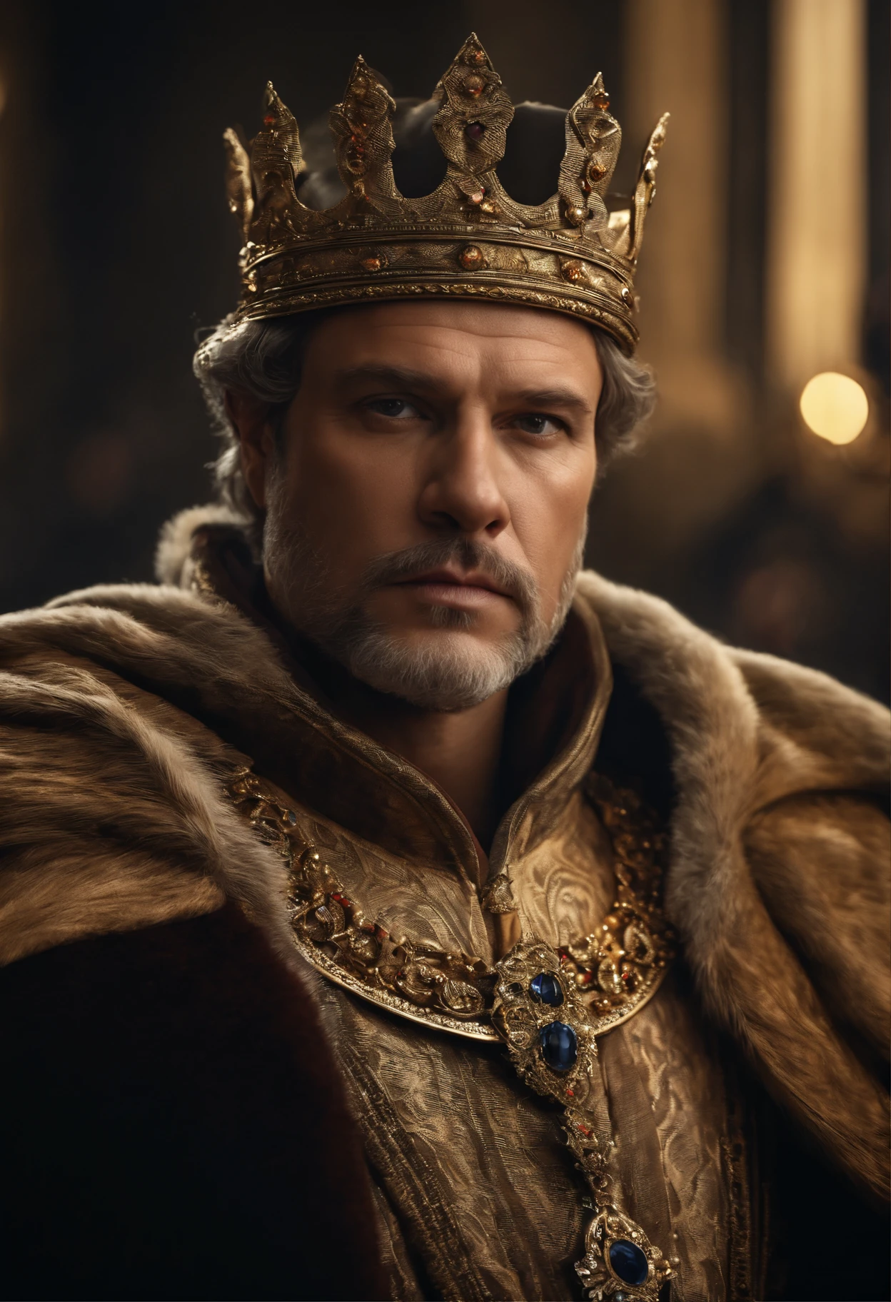 Hyper-realistic portrait, King Nero, regal expression, ornate crown, intricate royal robe, detailed facial features, dramatic lighting, historical accuracy, fine details, chiaroscuro, high-resolution, --q 2 --ar 3:4