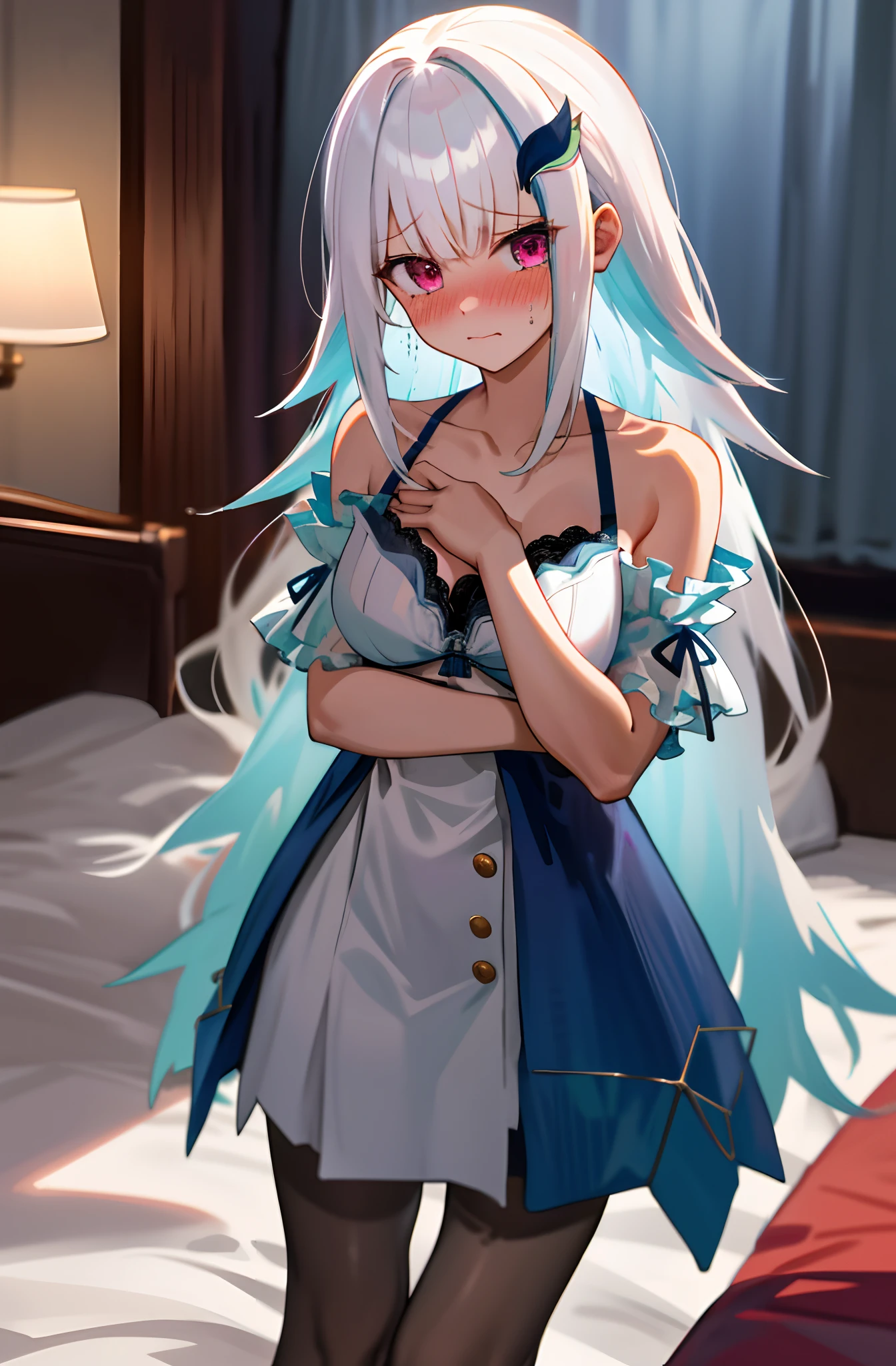One girl with long wavy hair, white hair, looking at viewer, embarrassed, blushing, tears, indoor , bare shoulders, bare hands, medium breast, underwear only, bra, bra visible, wearing underwears, lace bra white underwear, lace underwear, white panties, , naked, perfect waist, thigh, bed, hip high skirt, standing, night atmosphere, hair ornament