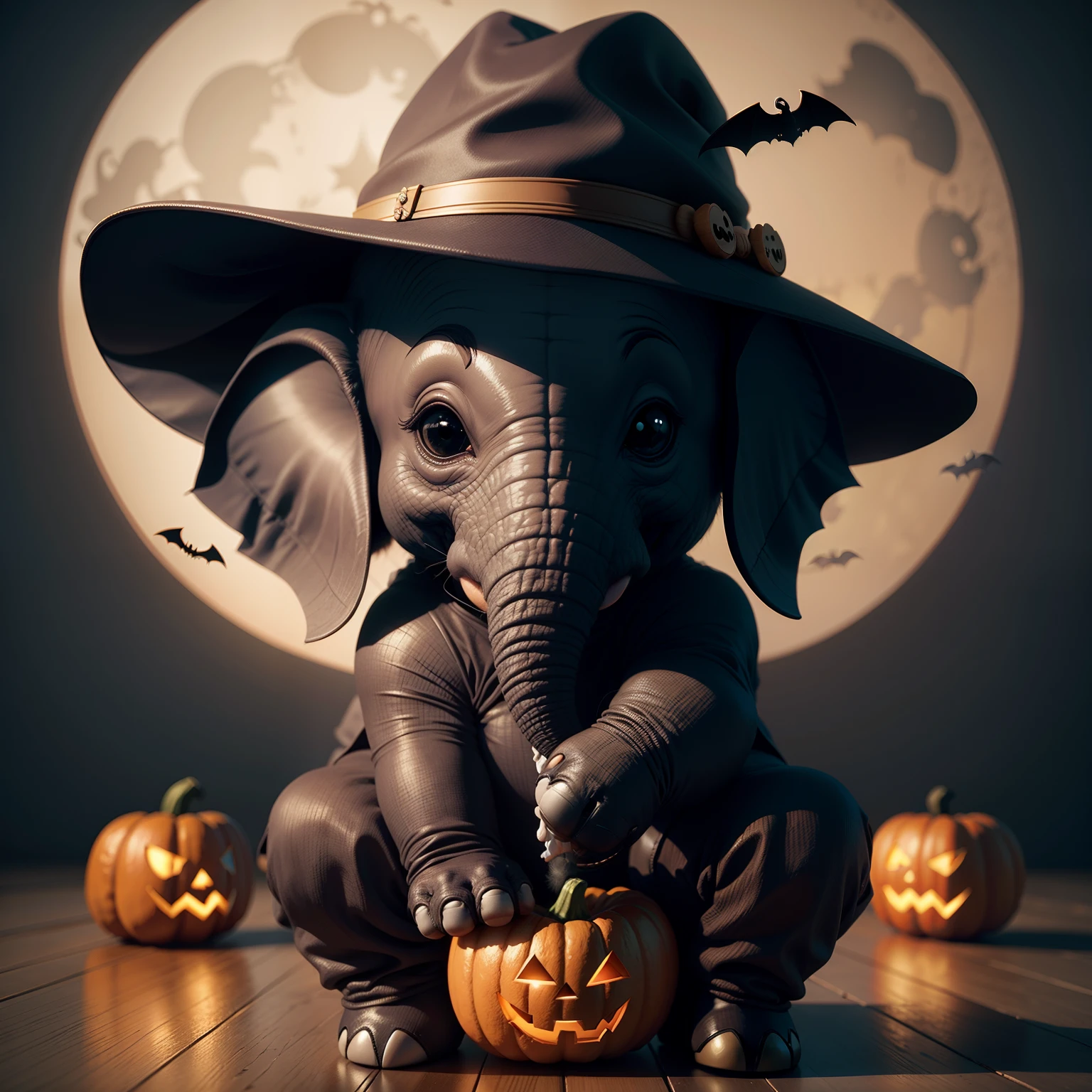 Baby elephant wearing cute Halloween hat,Middle element,(master-piece,bestquality:1.2),Best Lights,best shadows,Show background, . . .bat,full big moon,stylized 3d render