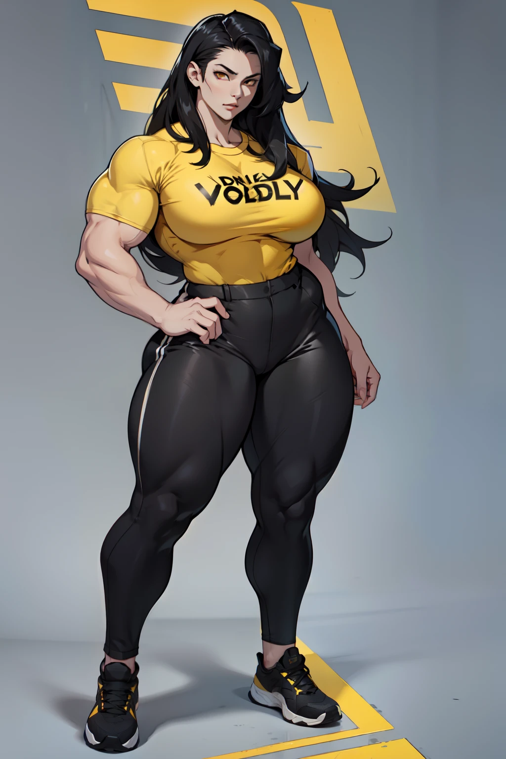 pale skin 1girl muscular toned body curvy huge breasts thick thighs wide hips black hair yellow eyes bodybuilder (tight shirt and pants full body long hair)