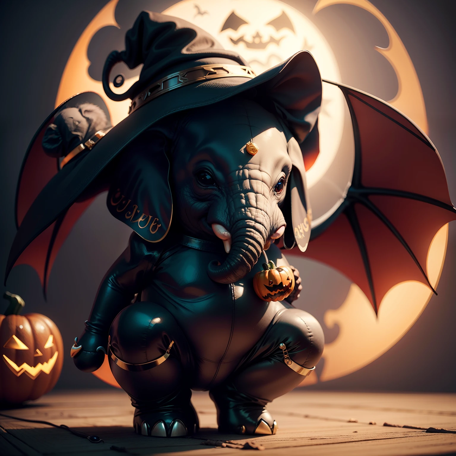 Baby elephant wearing cute Halloween hat,Middle element,(master-piece,bestquality:1.2),Best Lights,best shadows,Show background, . . .bat,full big moon,stylized 3d render