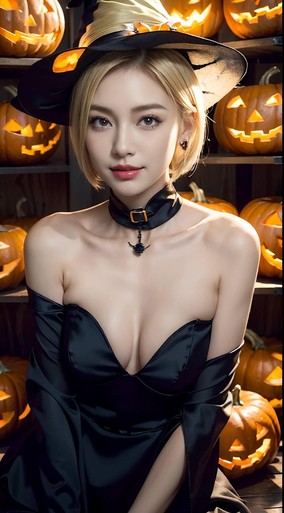 (masutepiece, top-quality:1.3), (Ultra detailed 8K cg:1.2), (Photorealistic:1.37), (Realistic:1.5), (Face Focus:1.2), (Happy smile:1.2), cowboy shot, looking in camera,
1 beautiful Japanese girl, 20 years old, Japanese Idol, (Blonde shoulder length straight short hair:1.4), (Colossal tits:1.4), (Narrow waist:1.2), Beautiful detailed eyes, eyeshadows, blusher、lip,super detailed skin, (Halloween, Witch:1.4), (Small earrings, Small bracelet, Small accessories:1.2), Jack-o'-lantern, Halloween Party, pumpkins, Gorgeous, Elegant, BREAK//Background with (Inside a neon-lit nightclub)