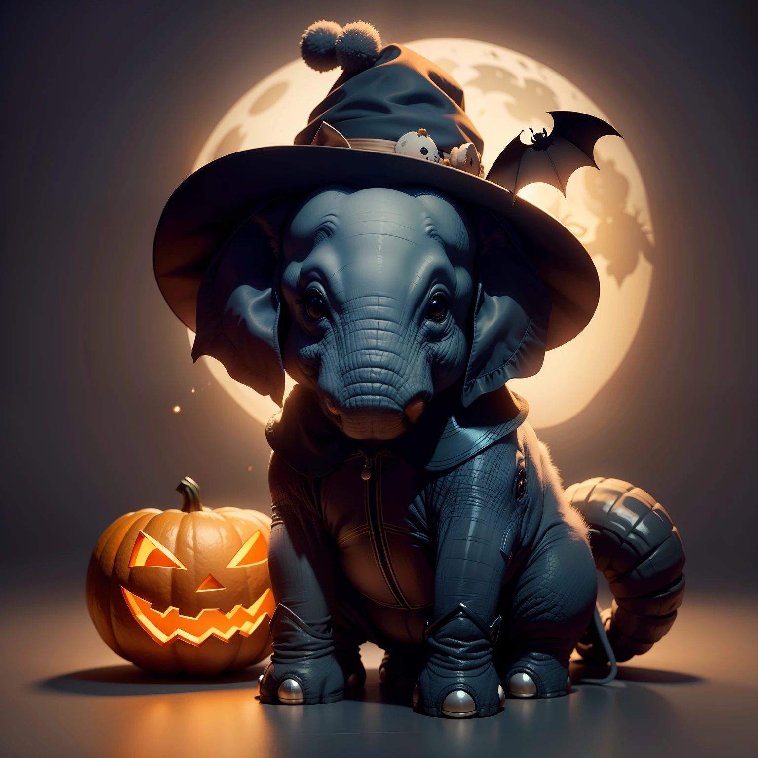 Baby elephant wearing cute Halloween hat,Middle element,(master-piece,bestquality:1.2),Best Lights,best shadows,Show background, . . .bat,full big moon,stylized 3d render