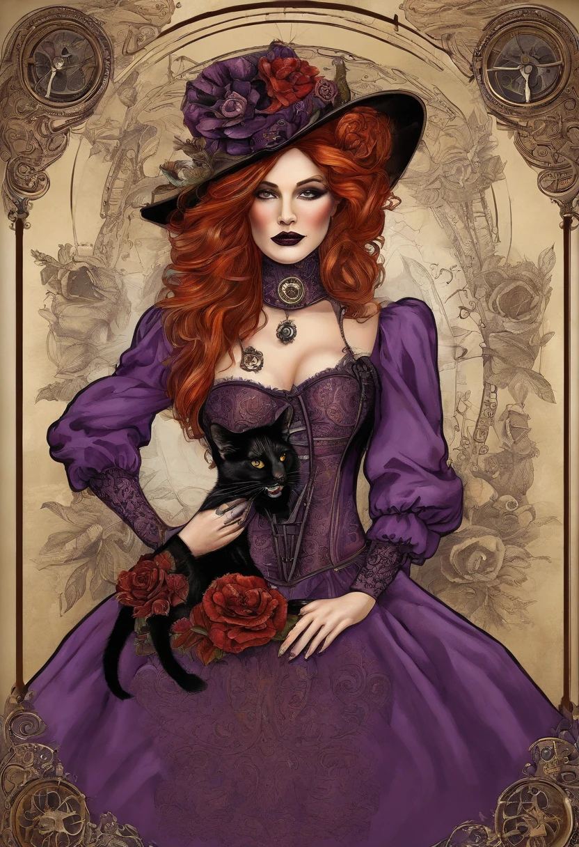 The Witch with Red Hair, In a purple dress with a black corset, she holds a black cat in her arms, roses