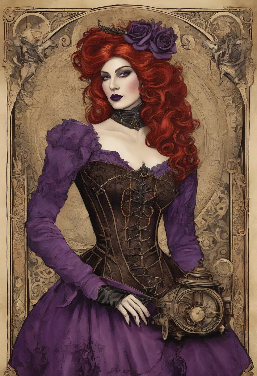 The Witch with Red Hair, In a purple dress with a black corset, she holds a black cat in her arms, roses