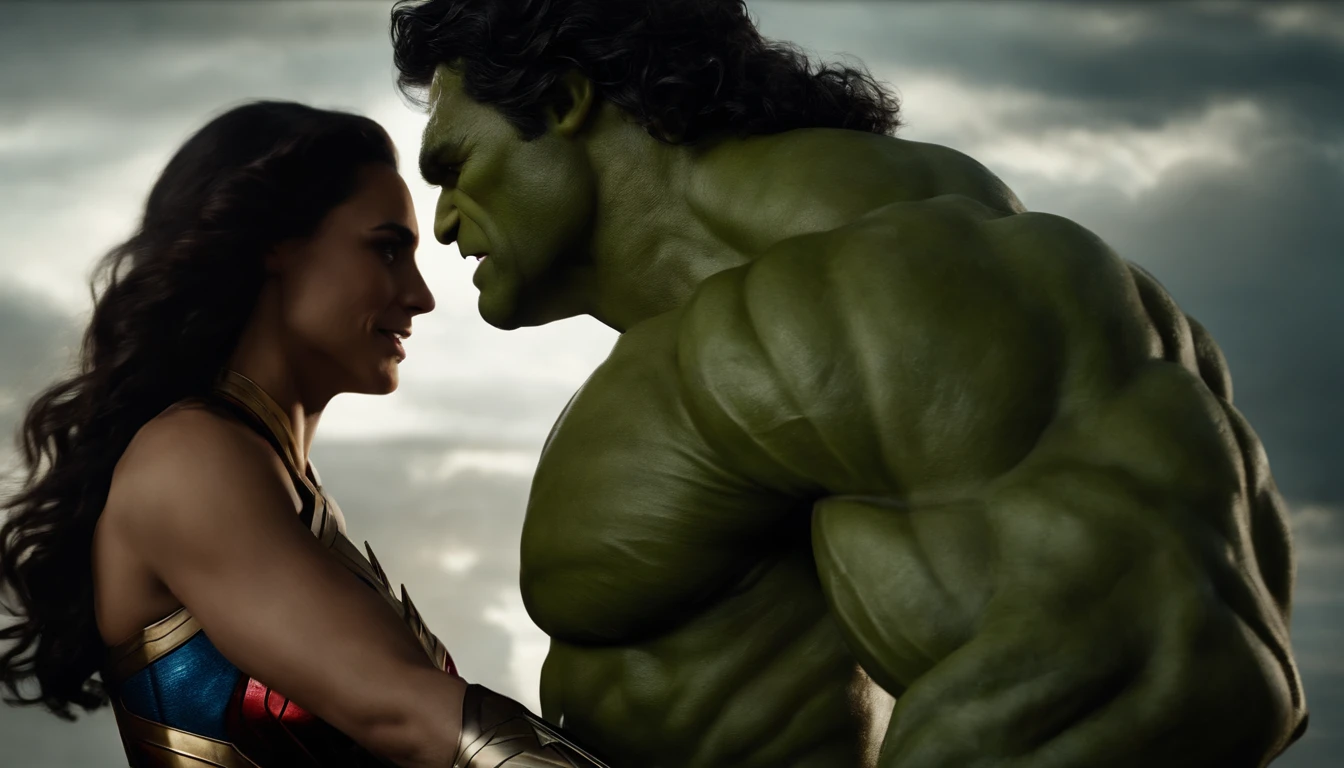 Realistic, personality: [Illustrate a close-up of the Hulk and Wonder Woman holding hands, symbolizing the bond and connection between them. Your expressions should show genuine love and trust.] unreal engine, hyperreal