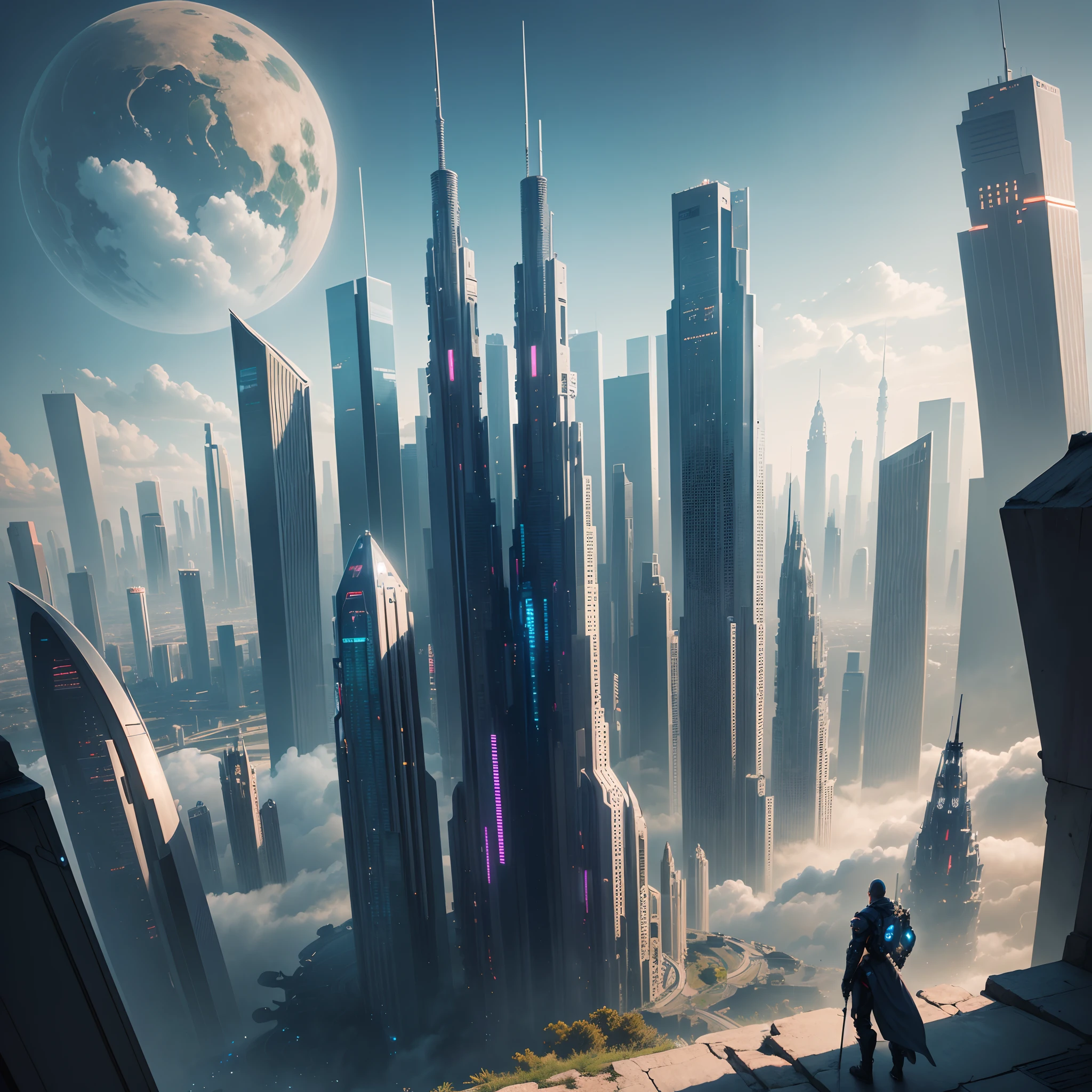 (Best Quality, 8K, Ultra-detailed:1.2), Futuristic cityscape of towering skyscrapers, Cyberpunk, Sci-Fi Art, Earth, A futuristic world, masutepiece, Glass skyscraper, Imaginative, Buildings 100 times taller, Vivid colors, Super huge castle,Fantasy and cyberpunk,Dramatic Lighting,kosmos,A world far beyond the imagination of mankind