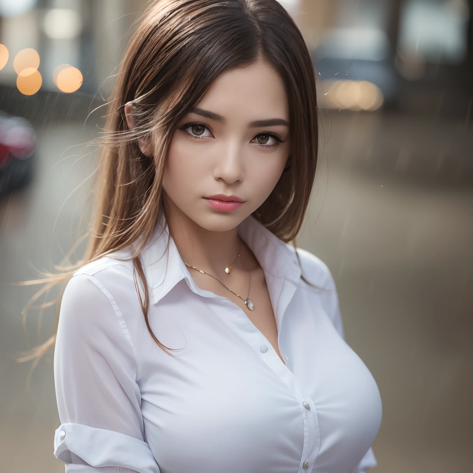 ((best qualtiy, 8k, tmasterpiece:1.3)), sharp:1.2, （full body1.2）perfect figure beautiful woman:1.4, Slim abs:1.2, ((Layered Hair Style, huge tit:1.3)), (Long shirt with wet white buttons：1.1），（Sateen，the street：1.2），Get wet：1.5，Highly detailed facial and skin texture，detailed eyes，double eyelid，Look sideways at the camera