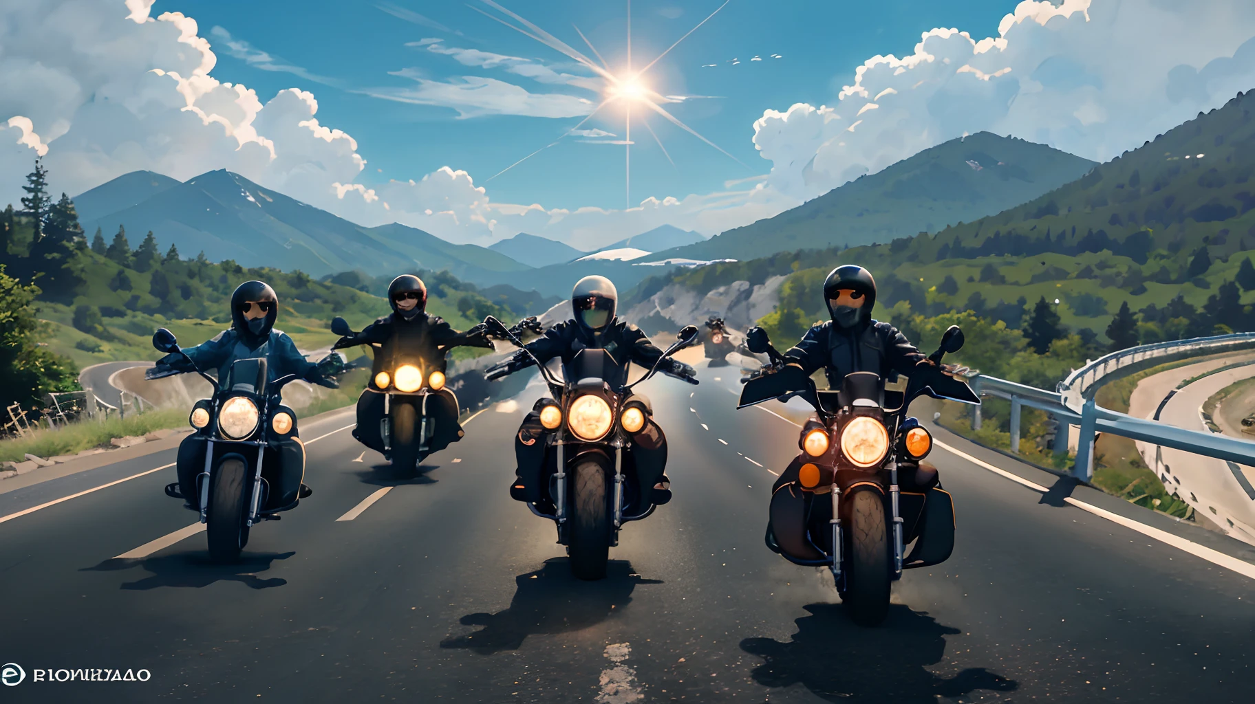 Motorcycle Club Group of motorcyclists going down a winding road between mountains by the sea with their motorcycles. claro, Dia ensolarado com um grande sol refletindo no mar. Motociclistas percorrendo a estrada.
