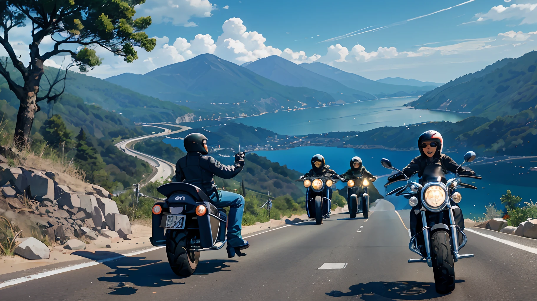 Motorcycle Club Group of motorcyclists going down a winding road between mountains by the sea with their motorcycles. claro, Dia ensolarado com um grande sol refletindo no mar. Motociclistas percorrendo a estrada.