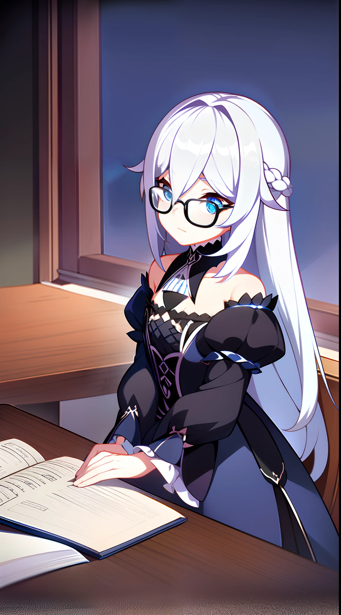 , Long white hair, blue eyes, Black Stylish Glasses, blue dress, fluffy dress, short sleeves, open shoulders, book, sitting at a table, tea, Masterpiece, hiquality, 4k, HD, Good detail