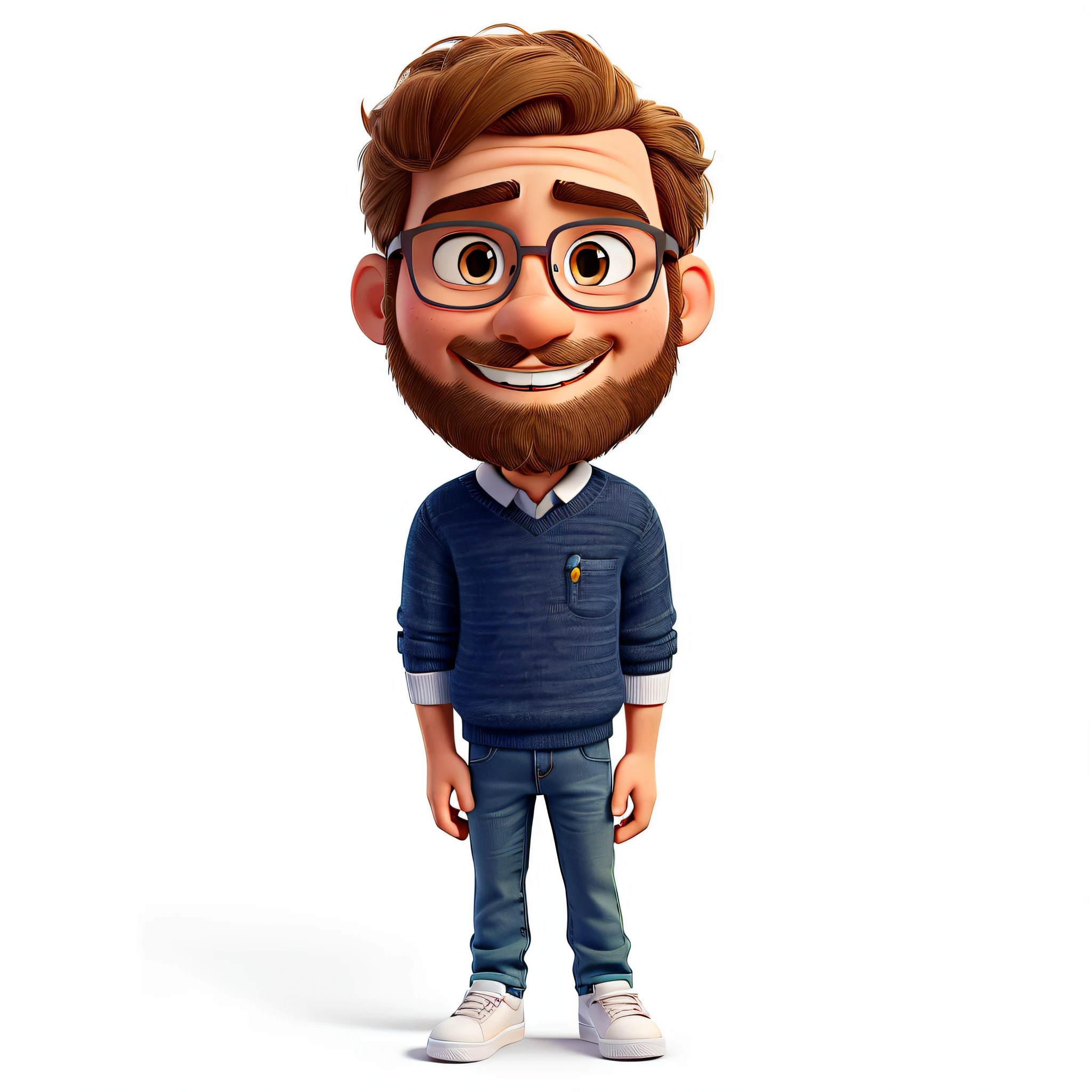 A full-length shot of the Disney pixar avatar of a tall, thin teacher with white teeth, brown beard, hair lighter than his beard and large forehead, small pointed nose, very small olive green eyes, brown round-shaped glasses with yellow textures, in the tortoiseshell style, with short, thin hair, wearing a navy blue sweater and white shirt, jeans and white sneakers, with a happy smile, more arched and thin eyebrows, and fuller lips, like children.