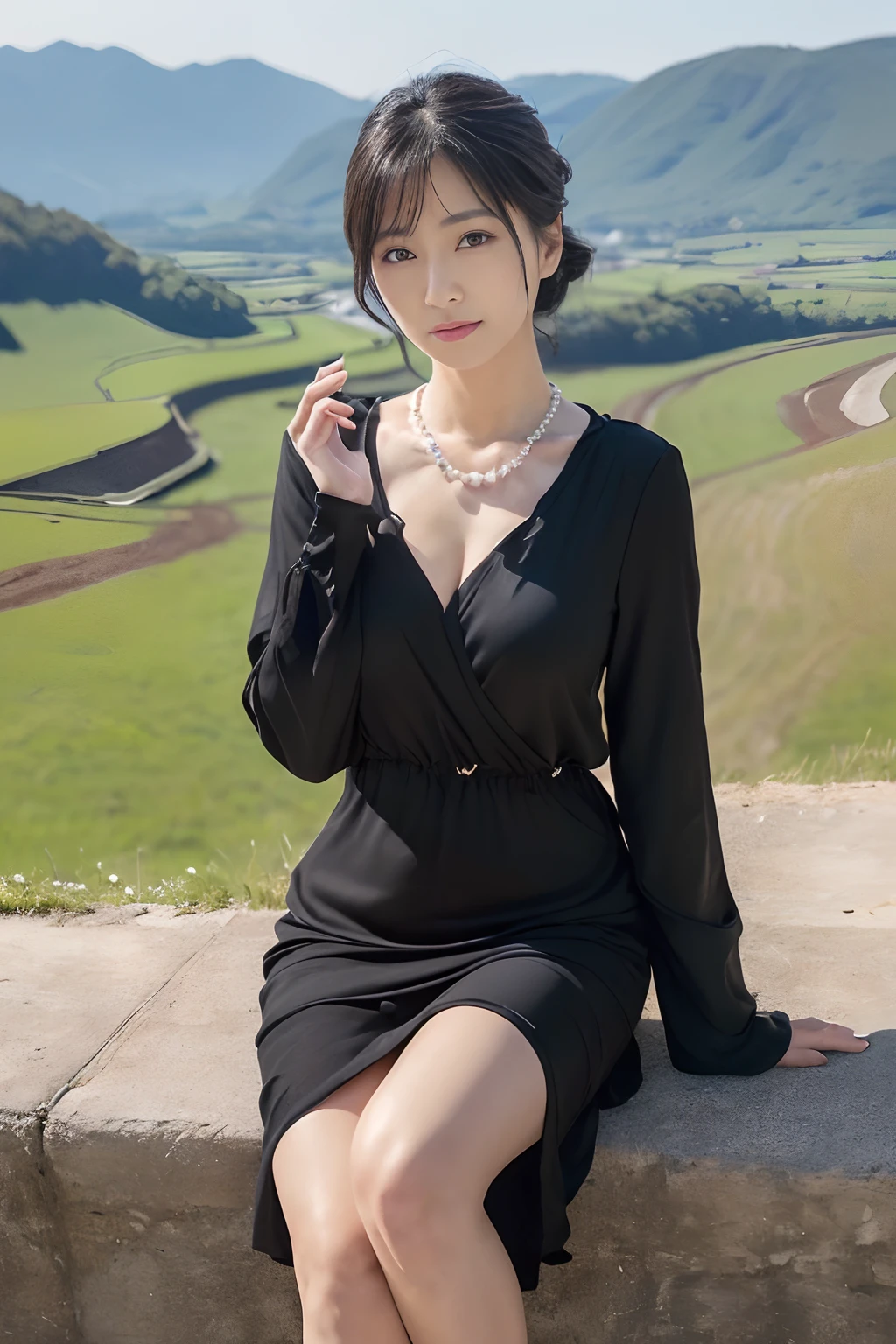 ((1人の女性,The most beautiful faces in Japan,beautiful countenance,40 year old,Wrinkles in the eyes and mouth,Perfect camera gaze,Shooting from the knee up)),((((Black sober mourning dress,Simple and discreet mourning clothes,Full body black)))),((pearls necklace,Classy hairstyle,natural make up,Hide the chest area,Emphasis on chest bulge,smil,Walking in the quiet countryside,Looking at the camera,look at a camera,Take a photo above from your lap)),((Turn to this,View here,Perfect fingers,perfect arms,细致背景,top-quality,The ultra -The high-definition,Perfect Anatomy,high-definition RAW color photography,professional photograpy, extremely delicate and beautiful, Extremely detailed,finely detail, Huge file size,Top image quality,8K,Award-Winning Works,masutepiece))