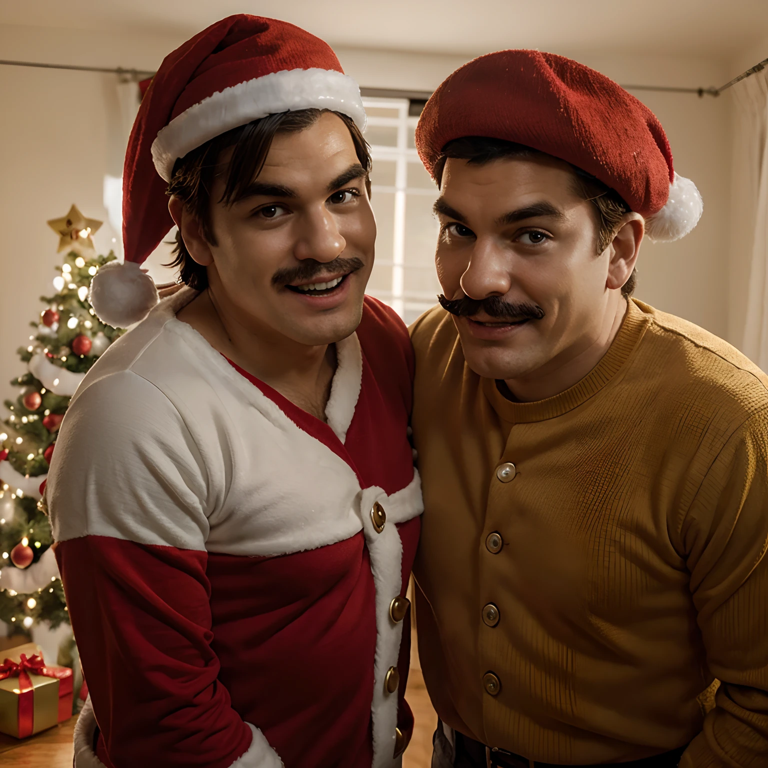 Make you make a picture of super mario and bowser Christmas themed