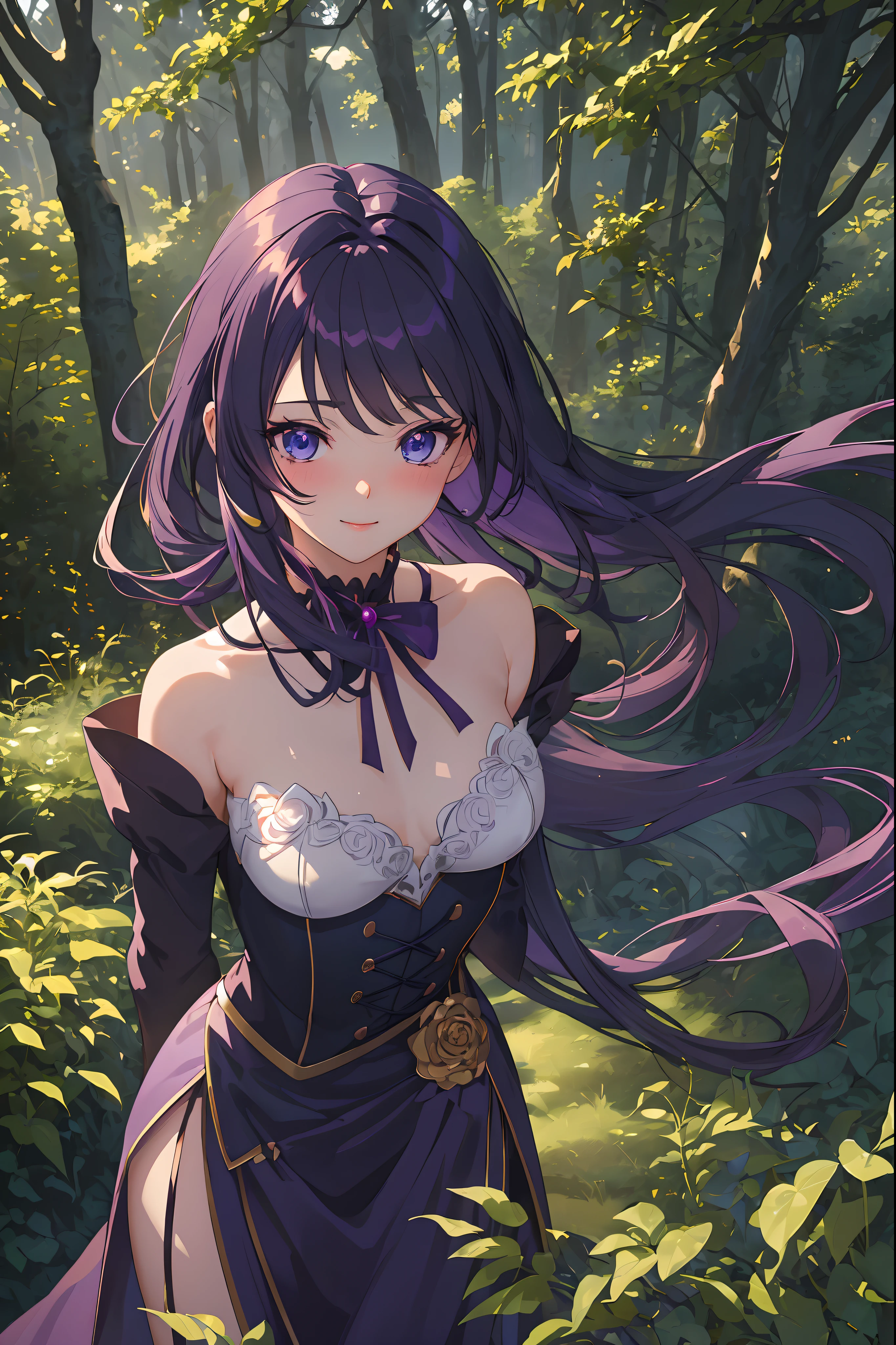 ((Masterpiece)),((best quality)),((high resolution)),ultra sharp,(cute face),large masterpiece detailed art,manga illustration, illustration : 1.3,best shadow,extremely detailed CG unity 8k wallpaper,((extremely delicate and beautiful)),moe,splash art,((cinematic lighting)),beautiful face,detailed lips,feminine expression : 1.2,((very detailed)),((extremely detailed)),(HD),((8k resolution)),HDR,((beautiful detailed face)),((beautiful detailed eyes)),((beautiful detailed hair)),(((perfect face))),(((perfect eyes))),detailed eyes,glossy eyes,round iris,glowing eyes,beautiful colored eyes,smooth silky hair,glossy hair,smooth hair,((light smile)),smiling : 1.3,(((blushing))),((shiny hair)),((((detailed lighting)))),perfect arms,arms on waist
1girl,((a anime girl)),(( girl)),((medium breasts)),((long hair)),((dark purple hair color)),((straight hair french braid)),(((swept bangs : 1.2))),((dark purple eye)),((wearing a black gothic dress with details)),((purple ribbon)),((((standing : 1.2)))),((((arms behind back : 1.3)))),
(Intricate background),sunlight,sunny,windy,(perfect scenery),(scenery),((forest)),natural shadows,dramatic shading,dramatic lighting,((Vivid colors)),colorful,
colored eyelashes, (Eyelashes of any color),