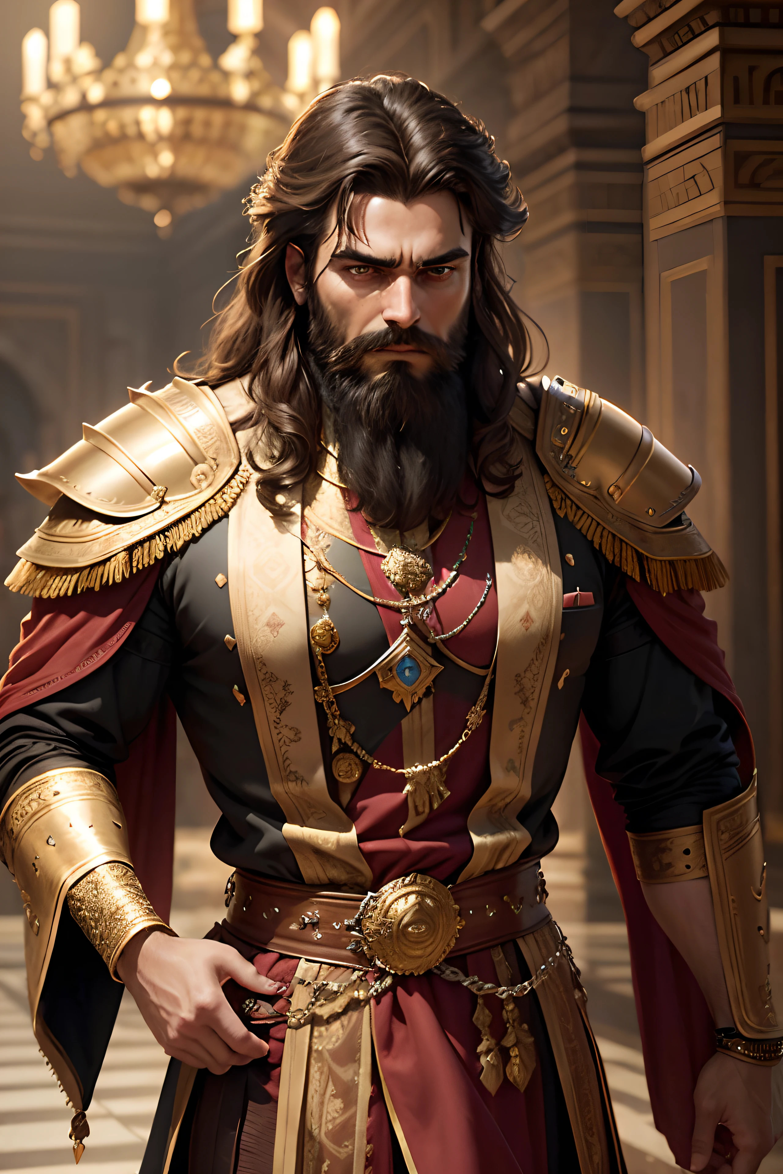 one king in a palace, luxury royal palace, volumetric lighting, 8k resolution, photorealistic, ultra-high quality, opulent detailed background, medium length dark brown hair, messy hair, full beard, wearing a fancy royal indian battle armor, serious expression