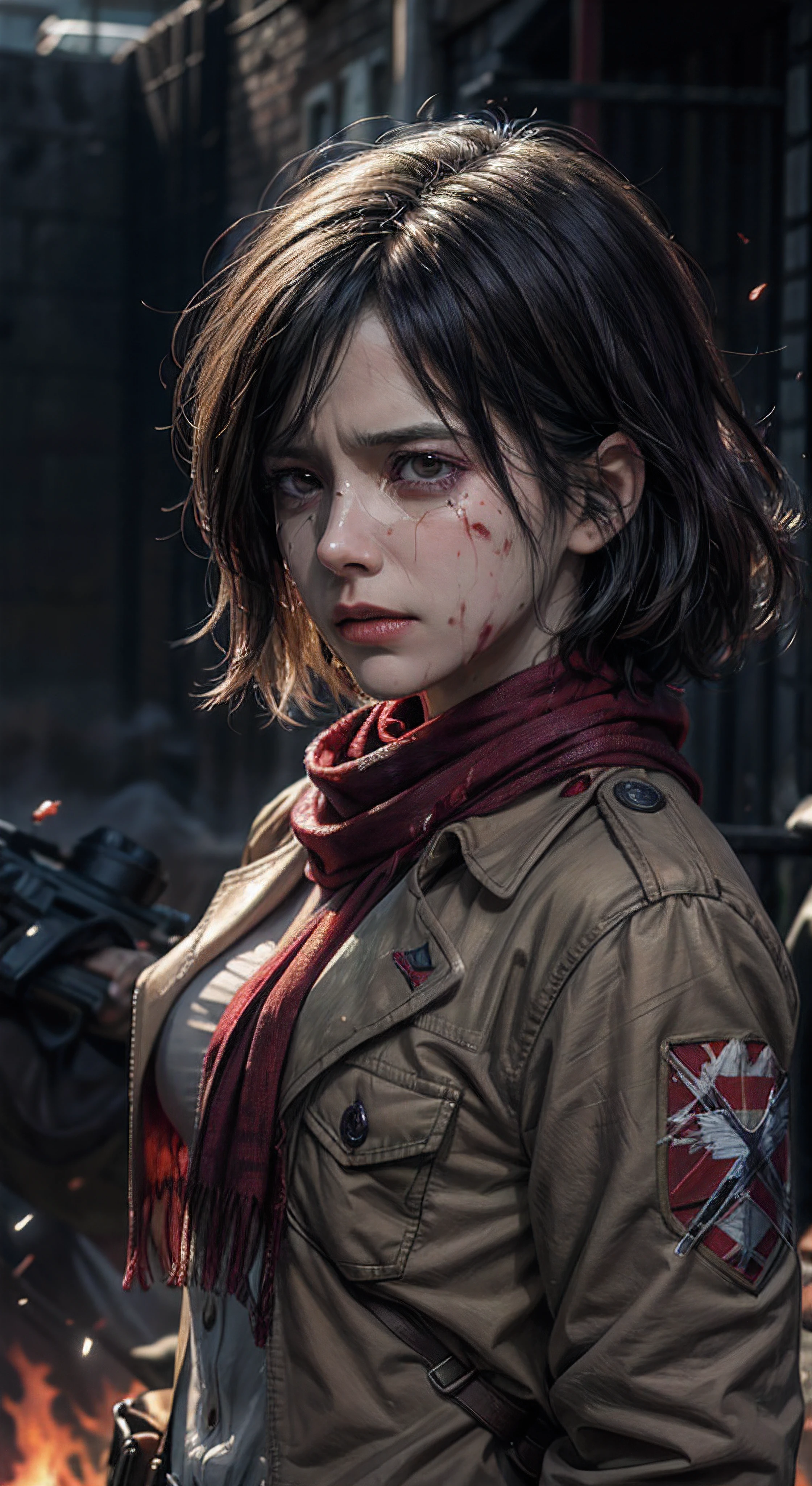 (masterpiece), (hyper realistic), Attack on Titan, half body shot, Mikasa Ackerman, Crying, sadness, Tears, A maroon scarf around his neck, blood stains on his face and clothes, dinamic lighting, dramatic fire background