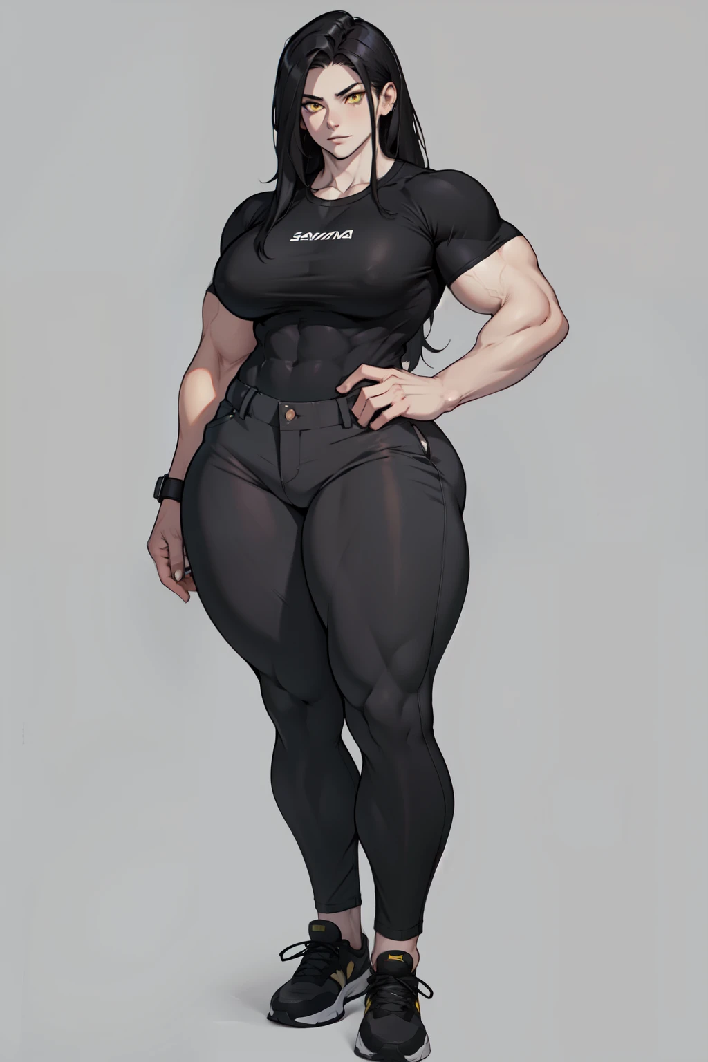 pale skin 1girl (Massive Female Bodybuilder:2) (huge breasts:2) thick thighs black hair yellow eyes bodybuilder (tight shirt and pants full body long hair grey background)