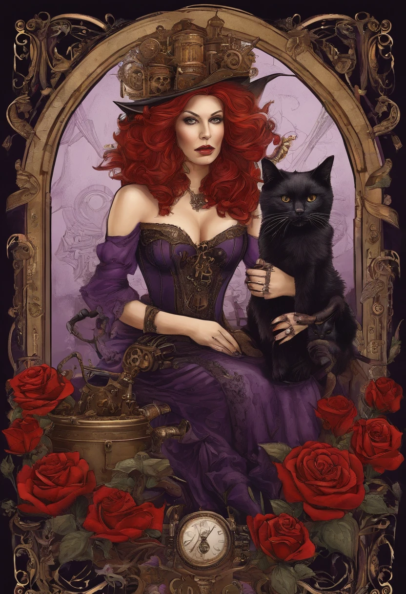 The Witch with Red Hair, In a purple dress with a black corset, A black cat sits on her shoulder, Red roses lie all around
