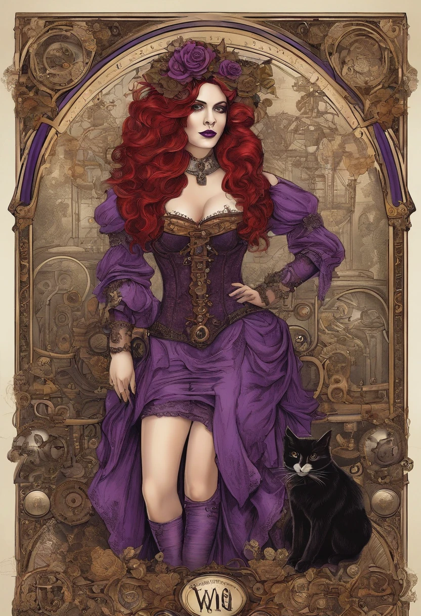 The Witch with Red Hair, In a purple dress with a black corset, A black cat sits on her shoulder, Red roses lie all around