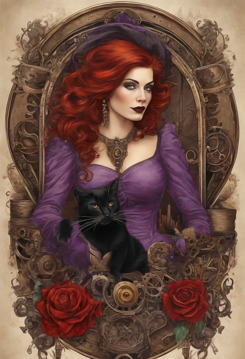 The Witch with Red Hair, In a purple dress with a black corset, A black cat sits on her shoulder, Red roses lie all around