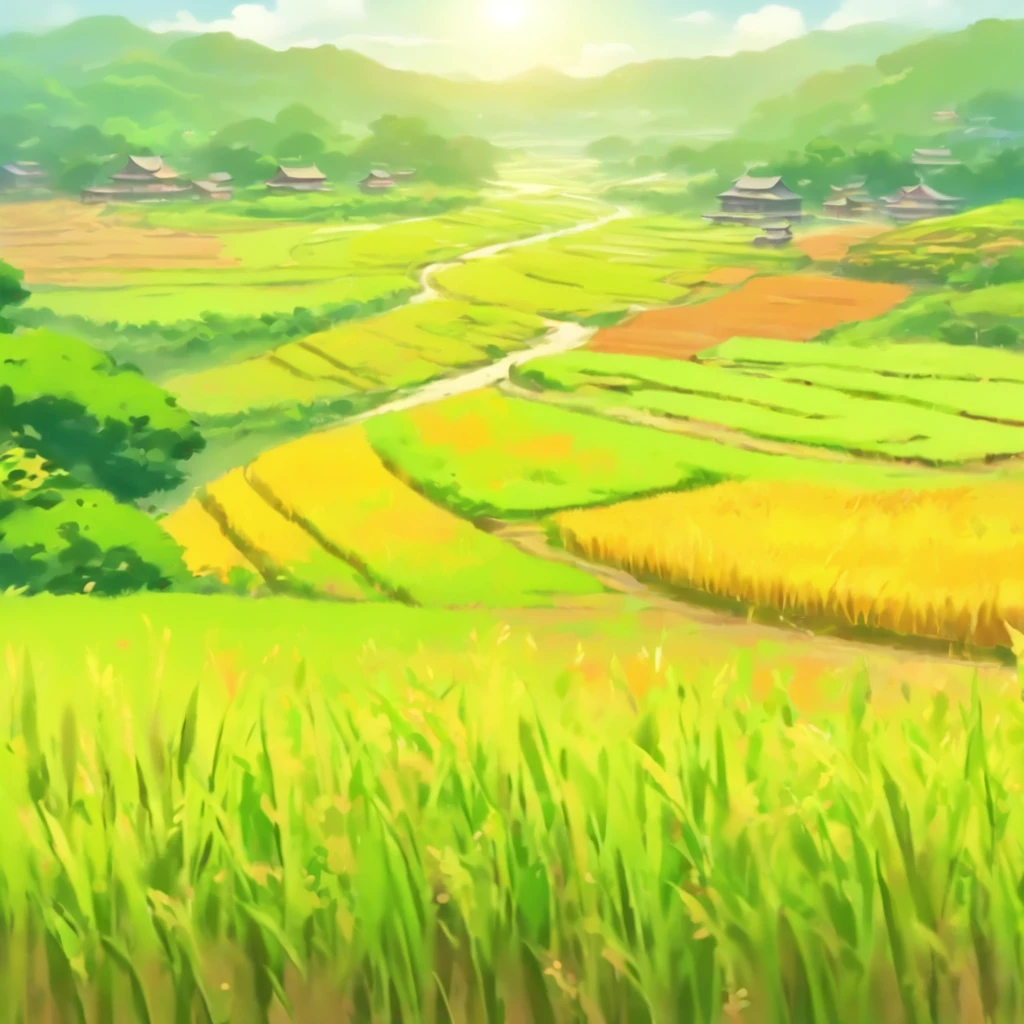 best quality,highres,ultra-fine painting,medium shot view of rice field,beautiful detailed colors,vibrant green,peaceful atmosphere,natural lighting,serene and tranquil mood,subtle wind blowing,realistic scenery,accurate depiction of rice plants,crystal-clear water reflections,harmonious composition,fertile soil,farmland,nature's beauty,rustling leaves,lush vegetation,endless horizon,open sky,breathtaking landscape,impressive depth,strong perspective,meticulous attention to detail,immersive painting technique,impressionistic brushstrokes,ethereal ambiance,gentle sunlight,harmonious color palette,pure and natural elements,simple elegance,far-reaching vista,serenity and calmness,farmer's dedication,touch of nostalgia,timeless beauty,rustic charm,celebration of nature's abundance,whisper of a breeze,quiet and peaceful countryside,tranquility of rural life,scenic beauty of an agricultural landscape