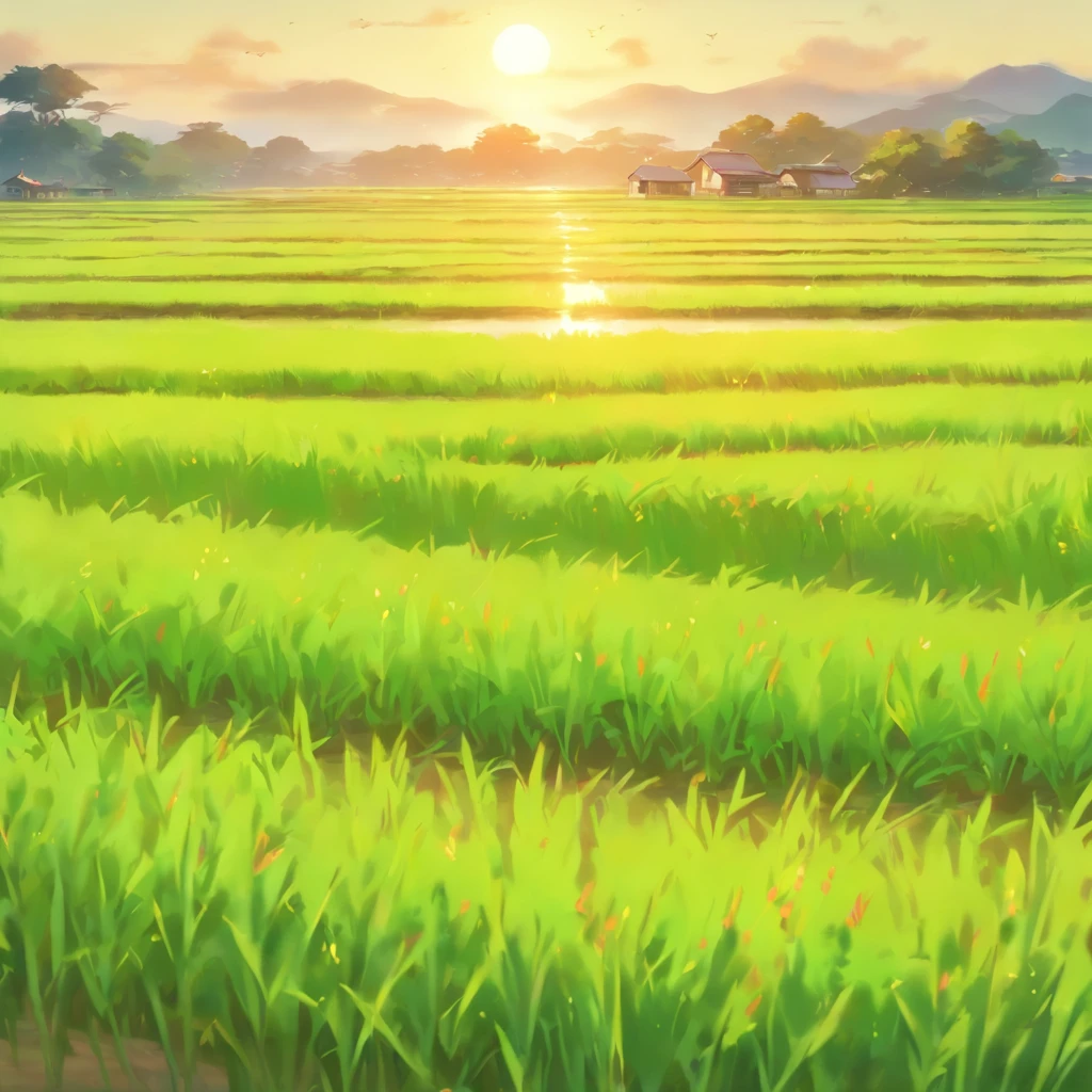 best quality,highres,ultra-fine painting,medium shot view of rice field,beautiful detailed colors,vibrant green,peaceful atmosphere,natural lighting,serene and tranquil mood,subtle wind blowing,realistic scenery,accurate depiction of rice plants,crystal-clear water reflections,harmonious composition,fertile soil,farmland,nature's beauty,rustling leaves,lush vegetation,endless horizon,open sky,breathtaking landscape,impressive depth,strong perspective,meticulous attention to detail,immersive painting technique,impressionistic brushstrokes,ethereal ambiance,gentle sunlight,harmonious color palette,pure and natural elements,simple elegance,far-reaching vista,serenity and calmness,farmer's dedication,touch of nostalgia,timeless beauty,rustic charm,celebration of nature's abundance,whisper of a breeze,quiet and peaceful countryside,tranquility of rural life,scenic beauty of an agricultural landscape