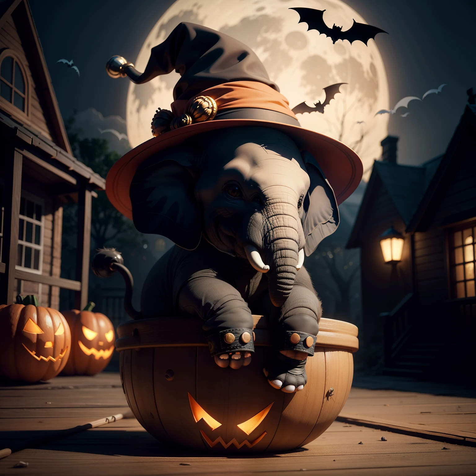 Cute baby elephant wearing Halloween hat,(master-piece,bestquality:1.2),Best Lights,best shadows,Show background, . . . .bat,full big moon,Old House,stylized 3d render