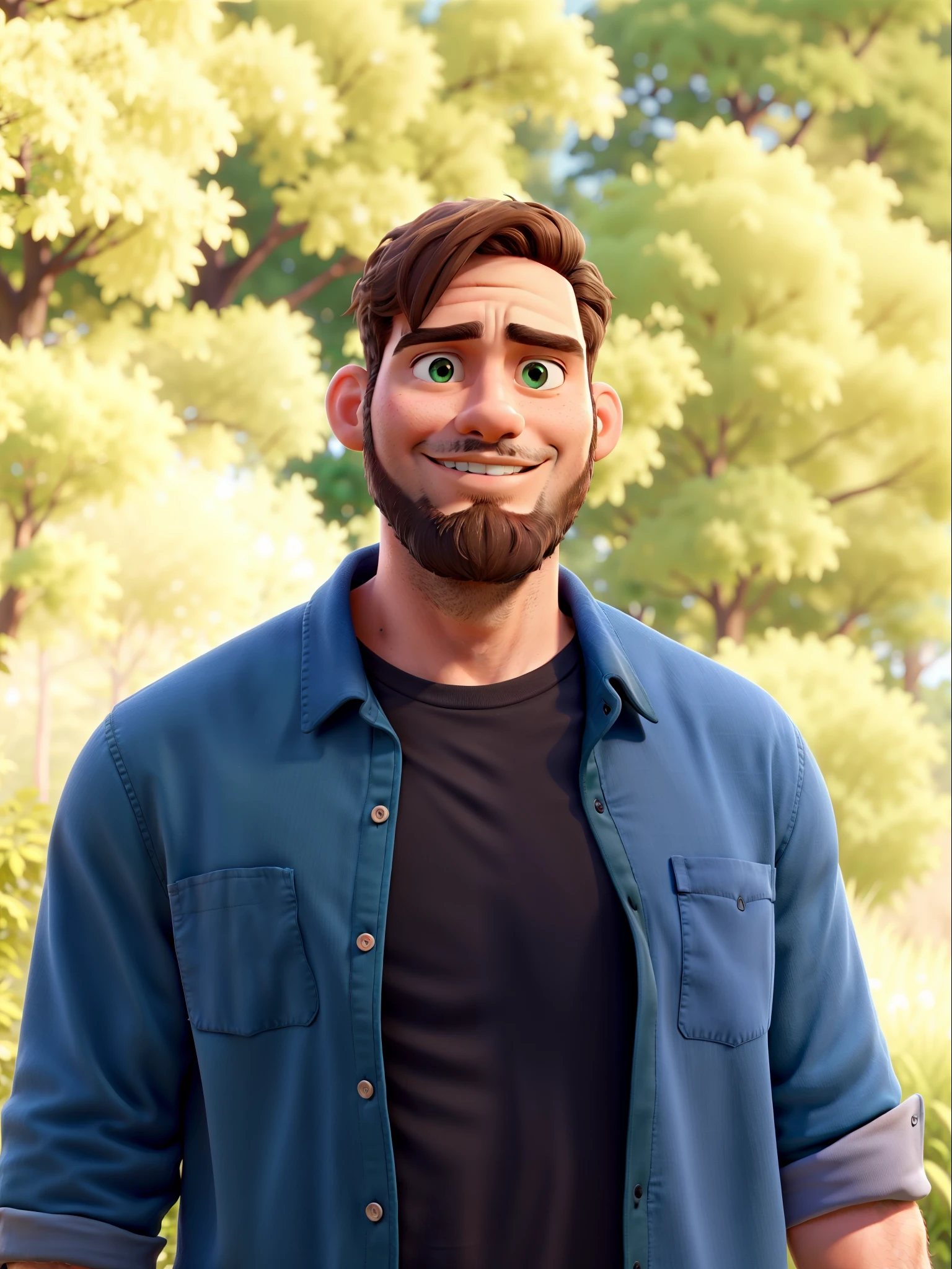 masterpiece, best quality, an young adult with brown beard and short brown hair, wearing a black t-shirt and a blue shirt on top of it. Green nature as background