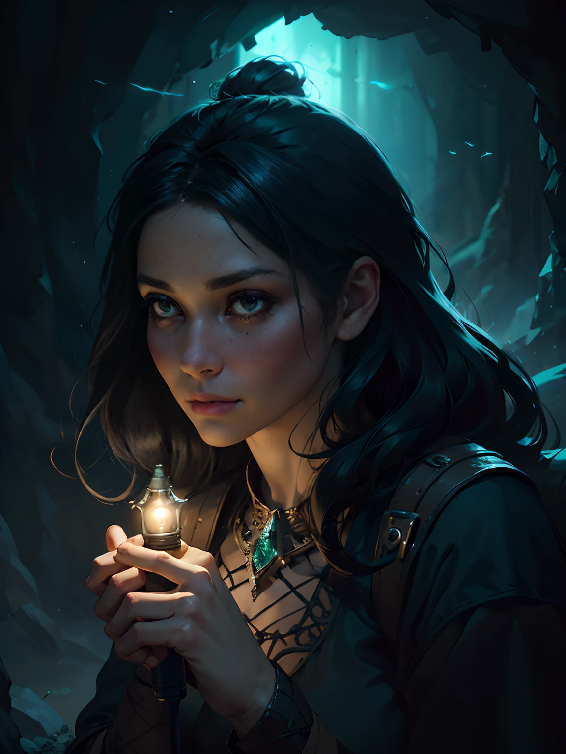 Arafed woman holding a flashlight with a green light in her hand, arte de estilo fantasia escura, Neoartcore e Charlie Bowater, Fantasia sombria misturada com realismo, Gothic fantasy art, rico, cores profundas, (detalhes intrincados:0.9), (HDR, Hiperdetalhamento:1.2), (texturas naturais da pele, hiper realisitc, luz suave, Sharp), [ lacuna na coxa [ Camelo : ] : 0.4]