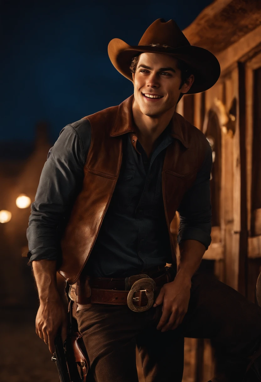 Dylan O'Brien, realistic, cowboy, weatern, horse, belt, gun, boots, 4k, cowboy hat, old town, smile