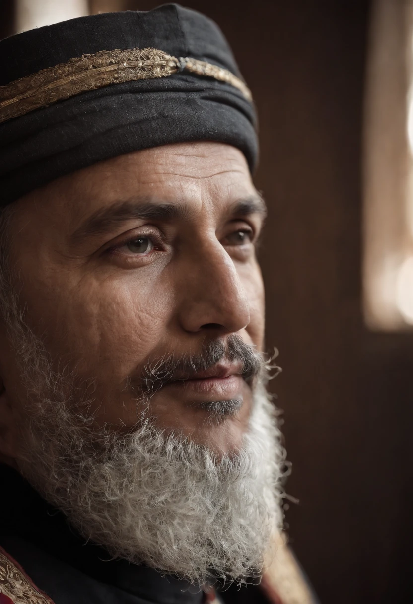 Hyper realistic portrait, Muslim general, sick room, inquiring about his condition, authentic details, dramatic lighting, rich colors, intricate facial features, historical accuracy, emotional depth, Leica camera, black and white, chiaroscuro, f1.4, --ar 3:4