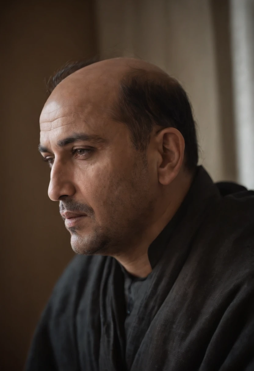 Hyper realistic portrait, Muslim general, sick room, inquiring about his condition, authentic details, dramatic lighting, rich colors, intricate facial features, historical accuracy, emotional depth, Leica camera, black and white, chiaroscuro, f1.4, --ar 3:4