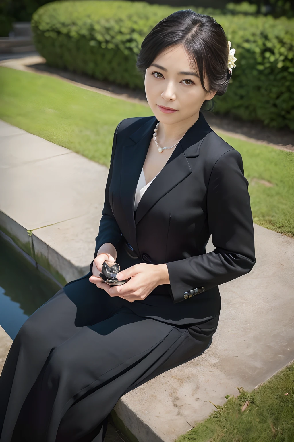 ((1人の女性,The most beautiful faces in Japan,beautiful countenance,40 year old,Wrinkles in the eyes and mouth,Perfect camera gaze,Shooting from the knee up)),((((Mourning in a black suit)))),((pearls necklace,Classy hairstyle,natural make up,Hide the chest area,Emphasis on chest bulge,smil,Walking in the quiet countryside,Looking at the camera,look at a camera,Take a photo above from your lap)),((Turn to this,View here,Perfect fingers,perfect arms,细致背景,top-quality,The ultra -The high-definition,Perfect Anatomy,high-definition RAW color photography,professional photograpy, extremely delicate and beautiful, Extremely detailed,finely detail, Huge file size,Top image quality,8K,Award-Winning Works,masutepiece))