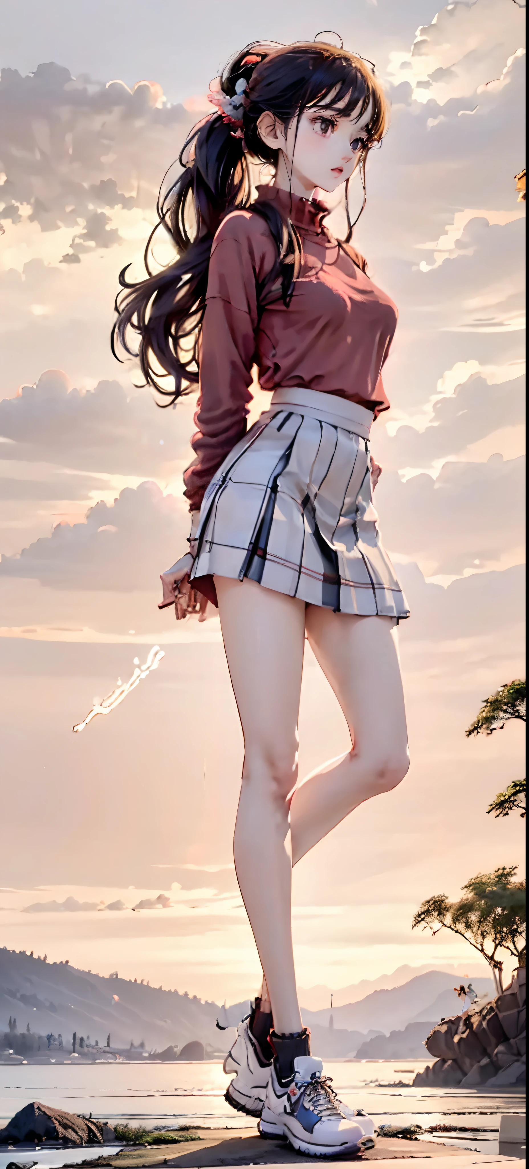 Beauty all over the body，Long legs，Tall and tall，Schoolgirl in red sweater，athletic sneakers，Stand head-on，a skirt，greybackground