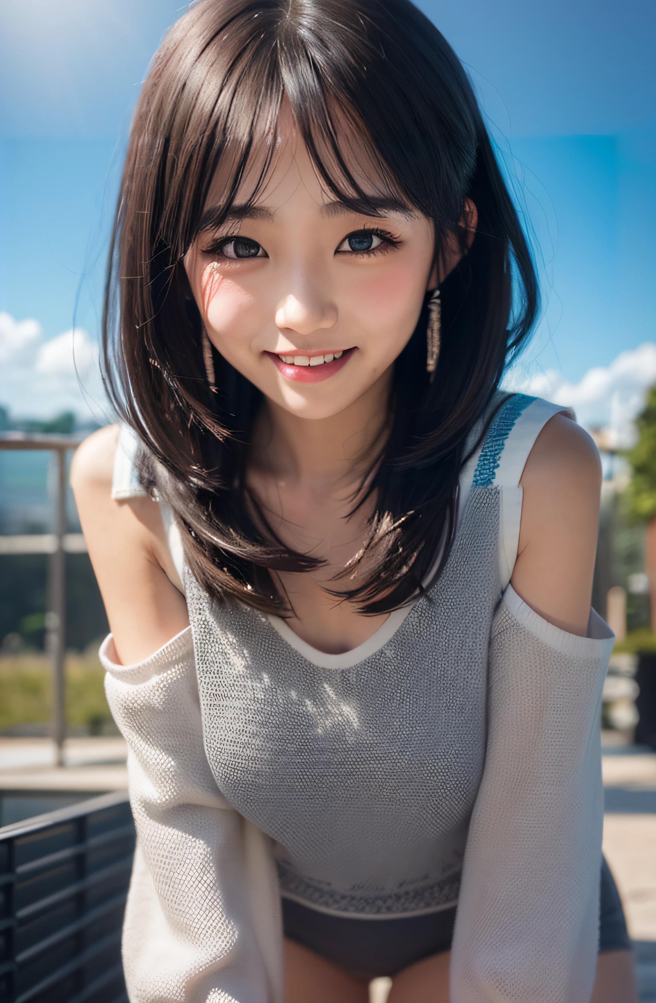 (elegant knit long sweater),((1girl,cute,young,semi long beautiful black hair,blunt bangs,beautiful eyes,medium boobs)),beautiful shopping mall,flowers,trees,blue sky,(solo), ((realistic:1.5,Beautiful girl RAW photo)),(looking at the viewer), innocent smile,cinematic lighting and pause,