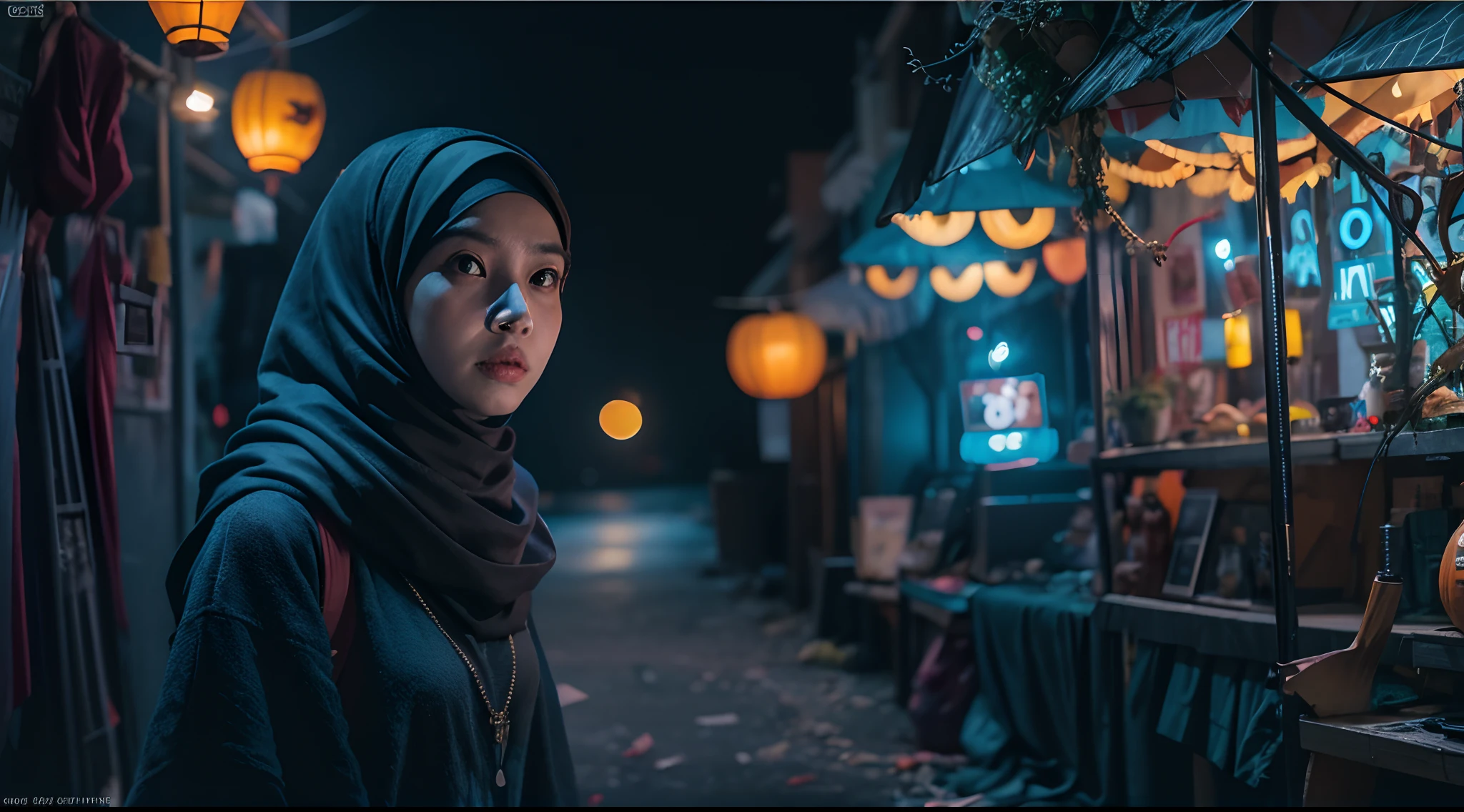 Create a scene in an otherworldly dark alley night market filled with mystical stalls and glowing old scary Halloween lanterns. The Malay girl in hijab is navigating the market's mysteries and wonders. 30mm lens, Low angle shot, blue color grading, cinemascope, natural light, Dynamic shadows, horror film, high quality, ultra detail, 8k, Panavision DXL2 camera,