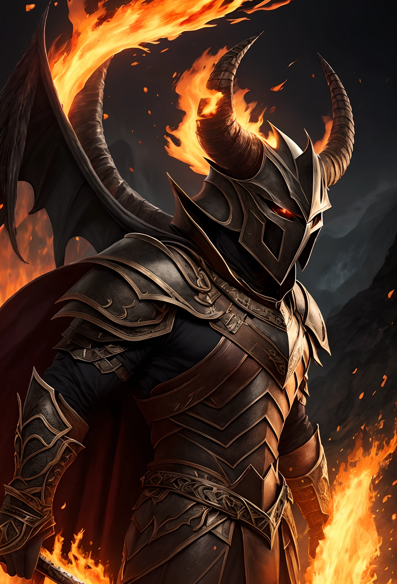 Male, tall, horned great helm, black armor, shadowy cape, manticore symbol, fire, volcanic landscape, evil, twisted, fiery eyes, sword, longsword, realistic