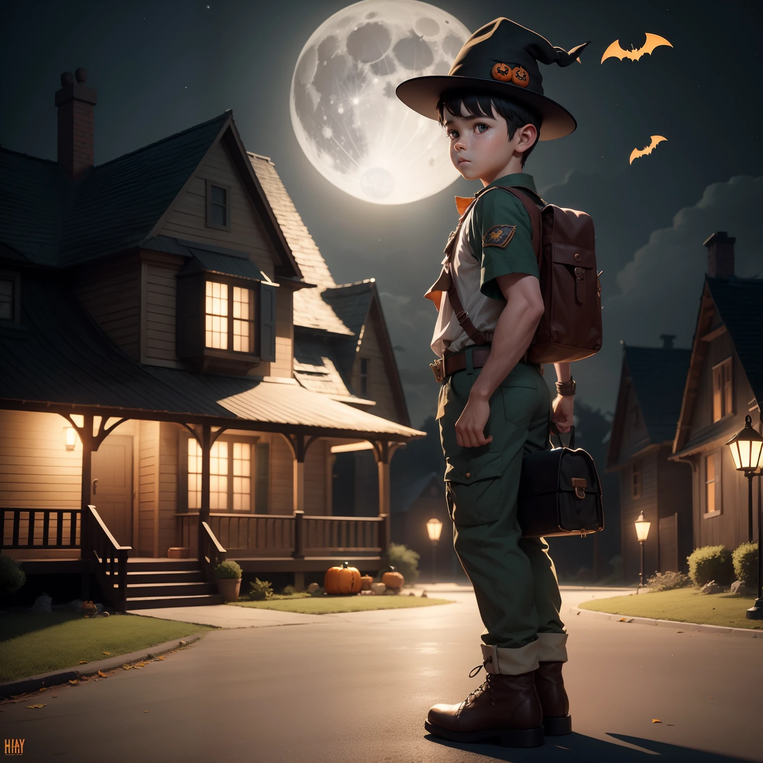 Cute Scout Boy Wearing Halloween Hat,(master-piece,bestquality:1.2),Best Lights,best shadows,Show background, . . . . .bat,full big moon,Old House,stylized 3d render