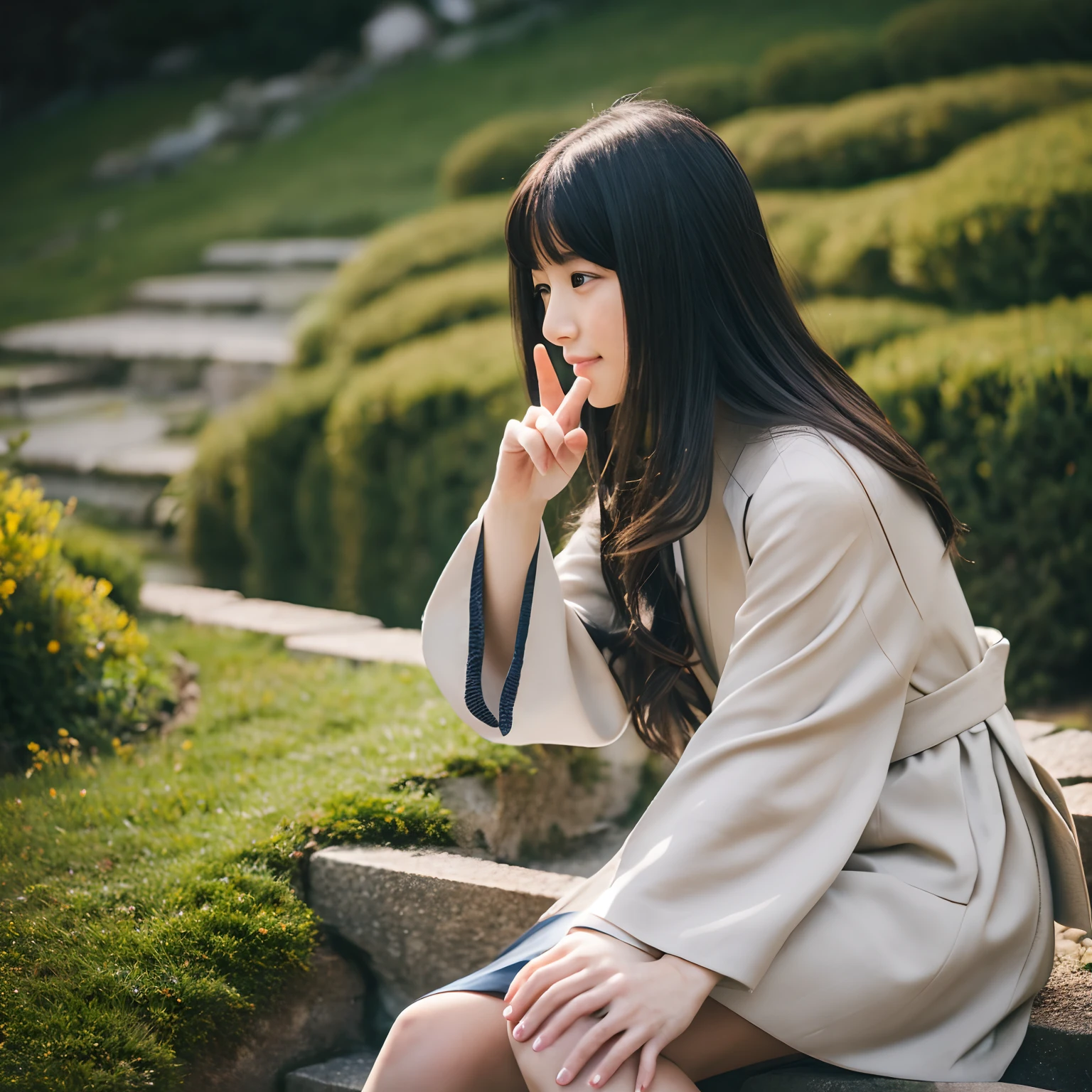 1girl,full body Photo Standing,japanese,25old year, black medium-length hair ,a little freckles,Traditional clothes,sitting on the stairs,Traditional landscape,Super high-quality output images,hight resolution,Intricate details,Hair fluttering in a very delicate and beautiful wind,photos realistic,Dreamy,Professional Lighting,realistic shadow,Solo Focus,Beautiful hands,Beautiful fingers,Detailed finger features,detailed clothes features,Detailed hair features,detailed facial features,
