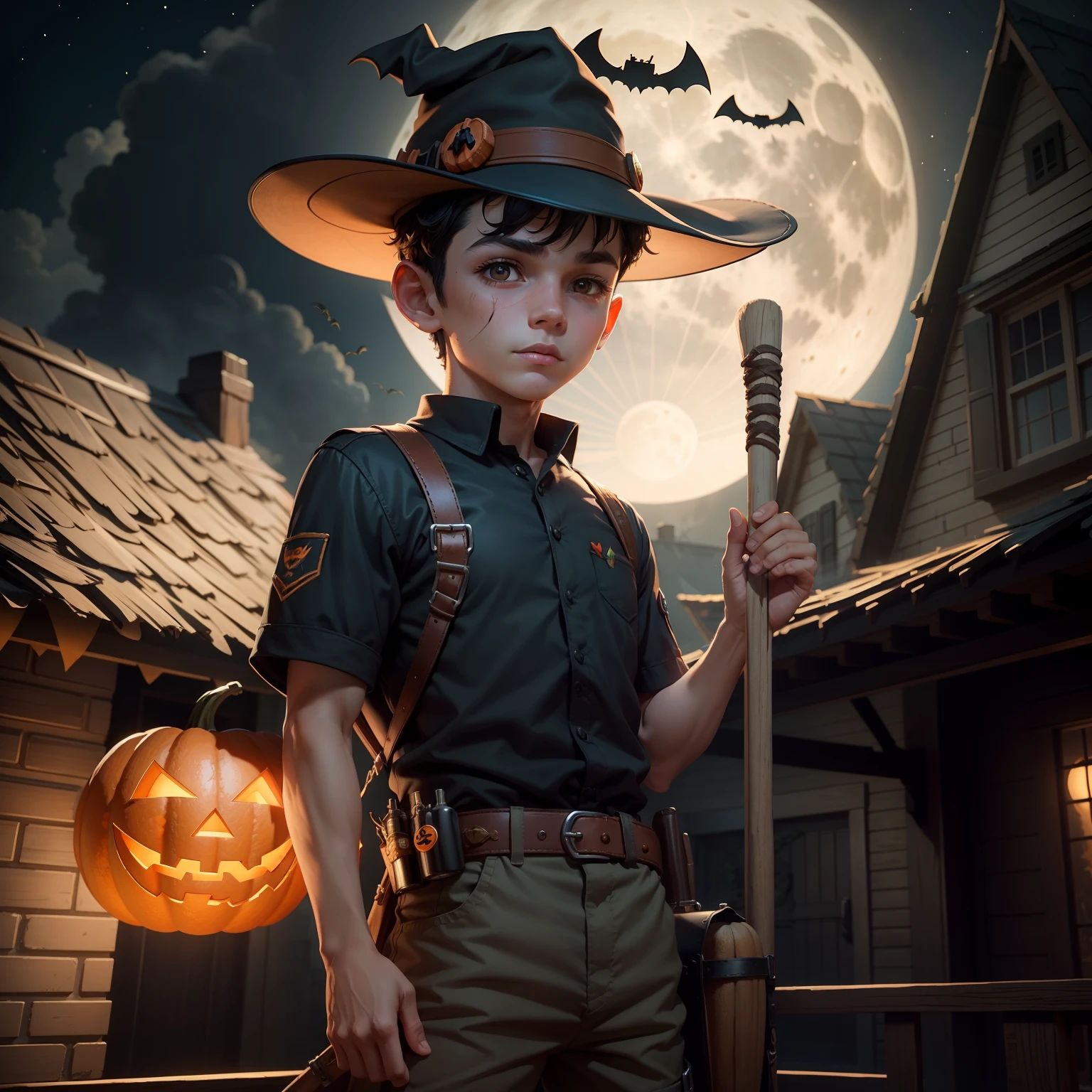 Cute Scout Boy Wearing Halloween Hat,(master-piece,bestquality:1.2),Best Lights,best shadows,Show background, . . . . .bat,full big moon,Old House,stylized 3d render
