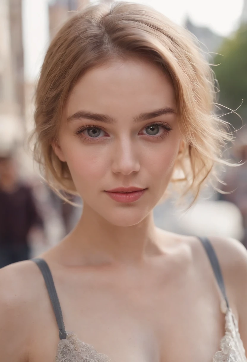 masterpiece, realistic, detailed eyes, detailed pupil, cute, looking at viewer, natural lighting, depth of field, film grain, wrinkled skin, 24yo, female, solo, massive breasts, cleavage, blonde short hair, sundress, freckles, grin, lips, posing, front view, (crowded street:1.4)