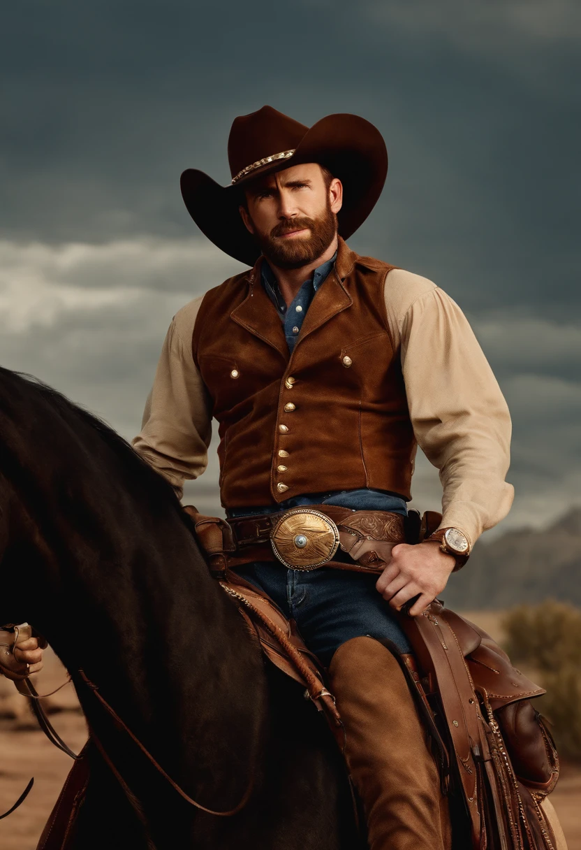 Chris evans, realistic, cowboy, weatern, horse, belt, gun, boots, 4k, cowboy hat, old town, smile
