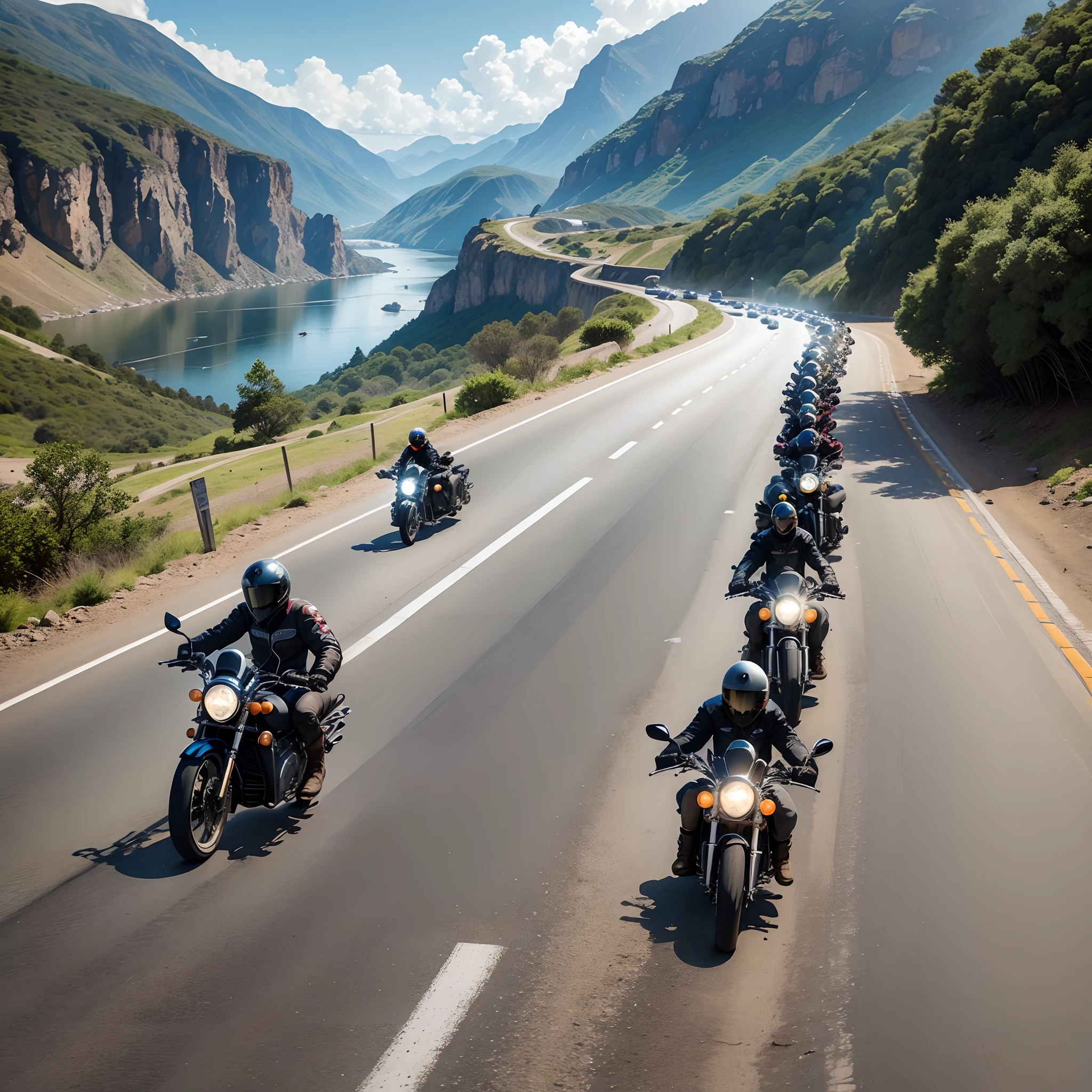Motorcycle Club Group of motorcyclists going down a winding road between mountains by the sea with their motorcycles. claro, Dia ensolarado com um grande sol refletindo no mar. Motociclistas percorrendo a estrada.