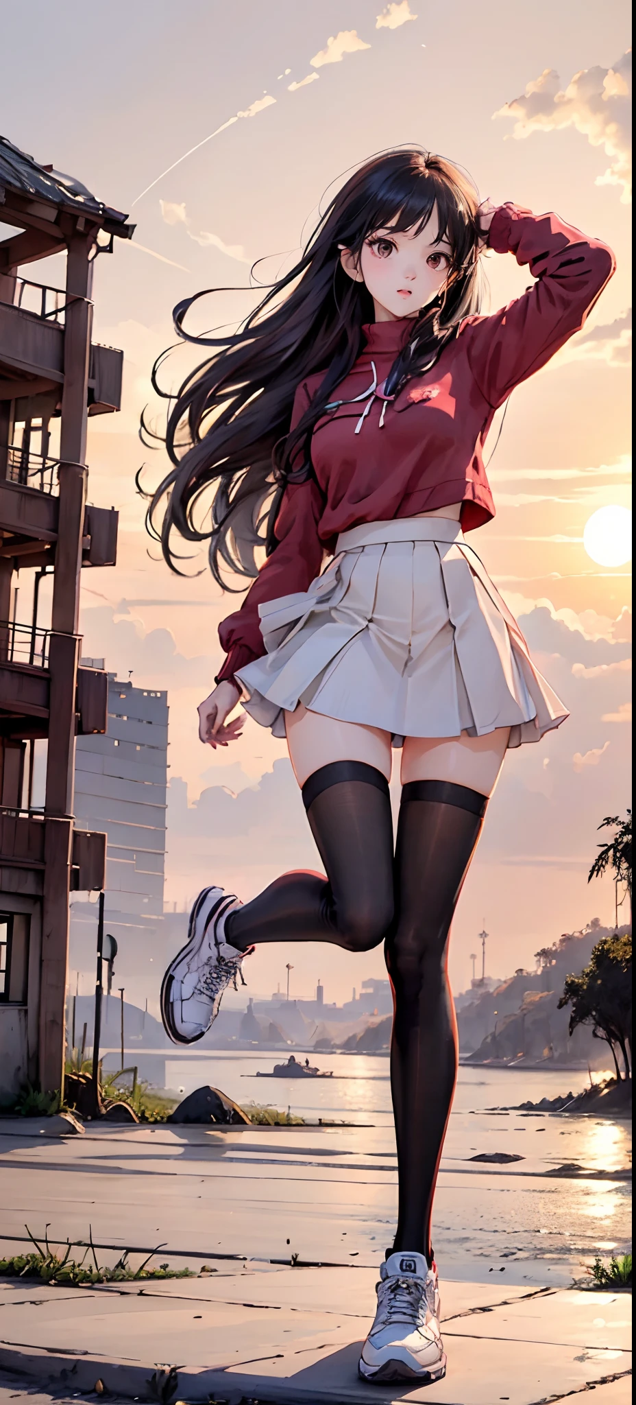 Beauty all over the body，Long legs，Height 180，Schoolgirl in red sweater，black lence stockings，athletic sneakers，Stand head-on，a skirt，highway background