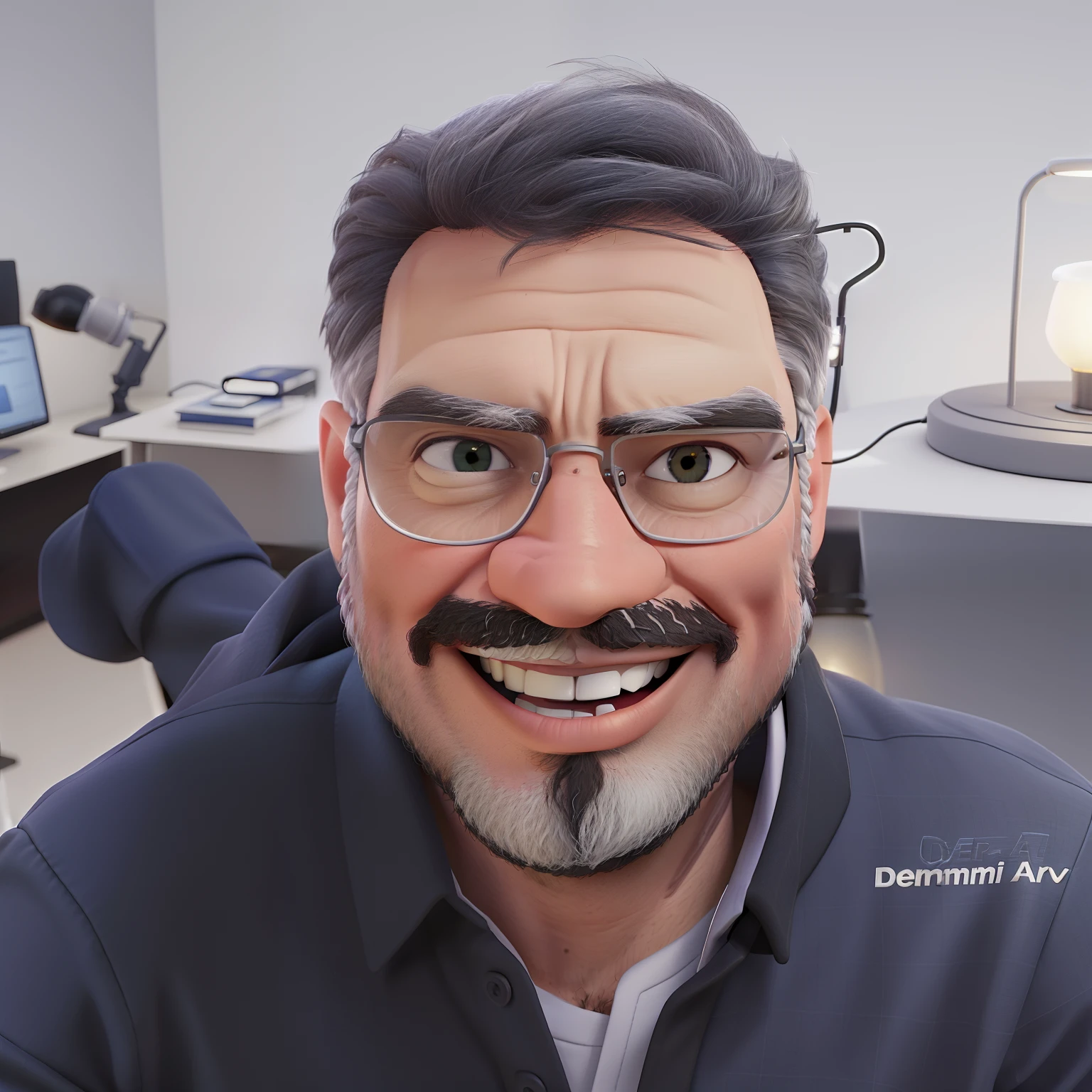 Um homem de 60 anos de idade parado na frente, with white vet clothes, illuminated by the light of a lamp, The man has a goatee on his chin against the backdrop of a white lab with title "LANUPRUMI" derriere