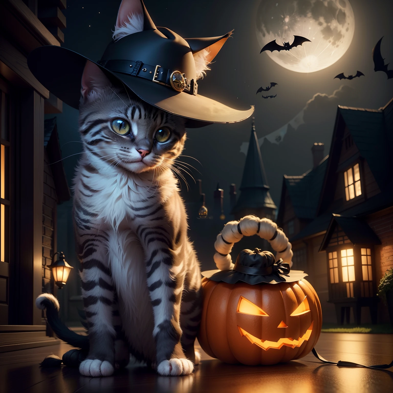 Cute kitten wearing Halloween hat，（master-piece，bestquality：1.2），Best Lights，best shadows，Show background, . . . . .bat,full big moon,Old House,stylized 3d render