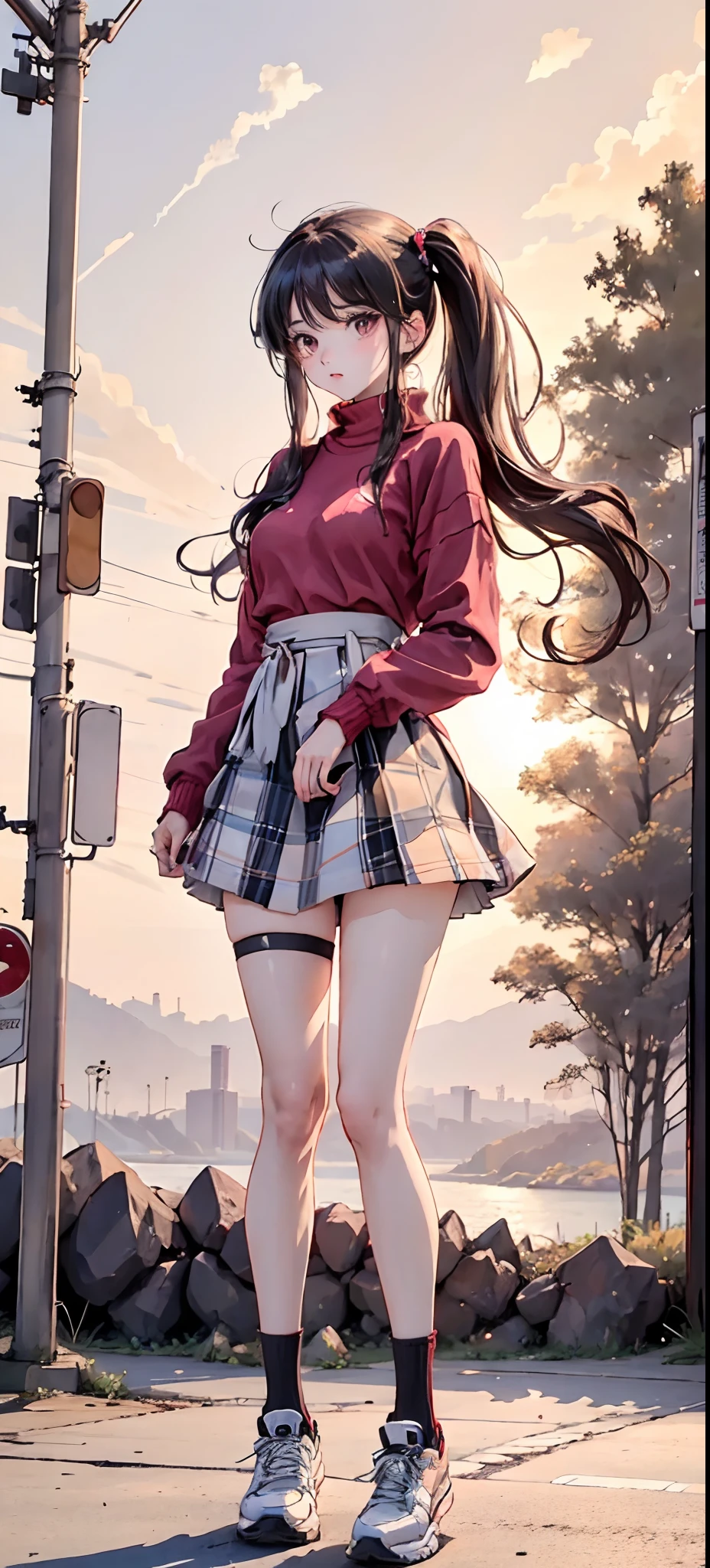 Beauty all over the body，Long legs，Height 180，Schoolgirl in red sweater，black lence stockings，athletic sneakers，Stand head-on，a skirt，highway background