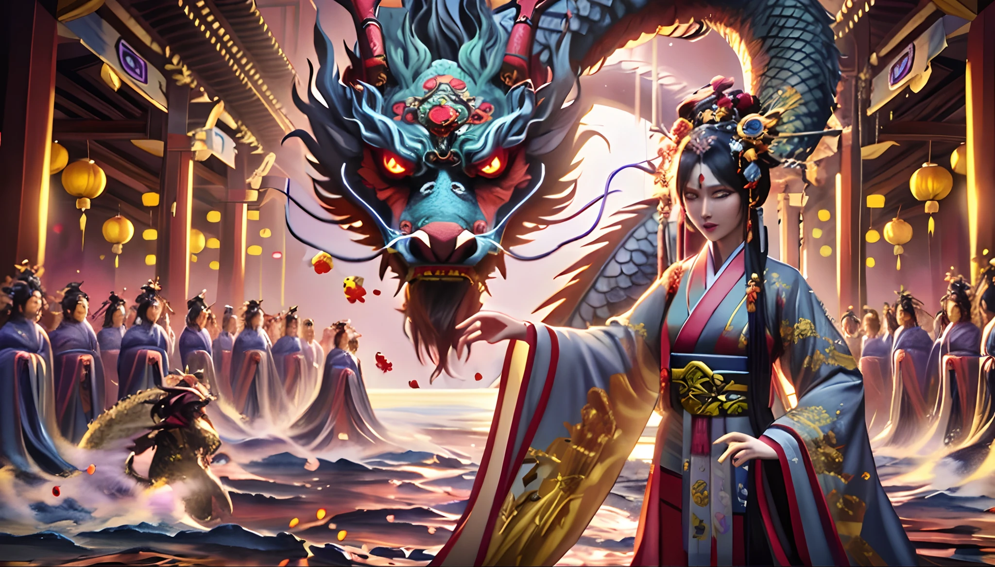 asian woman in traditional dress standing in front of a dragon, chinese fantasy, 4k highly detailed digital art, cgsociety and fenghua zhong, the dragon girl portrait, 8k stunning artwork, 2. 5 d cgi anime fantasy artwork, detailed fantasy digital art, 4k detailed digital art, detailed painting 4 k, fantasy art behance, 4k fantasy art, ((hyper realistic))